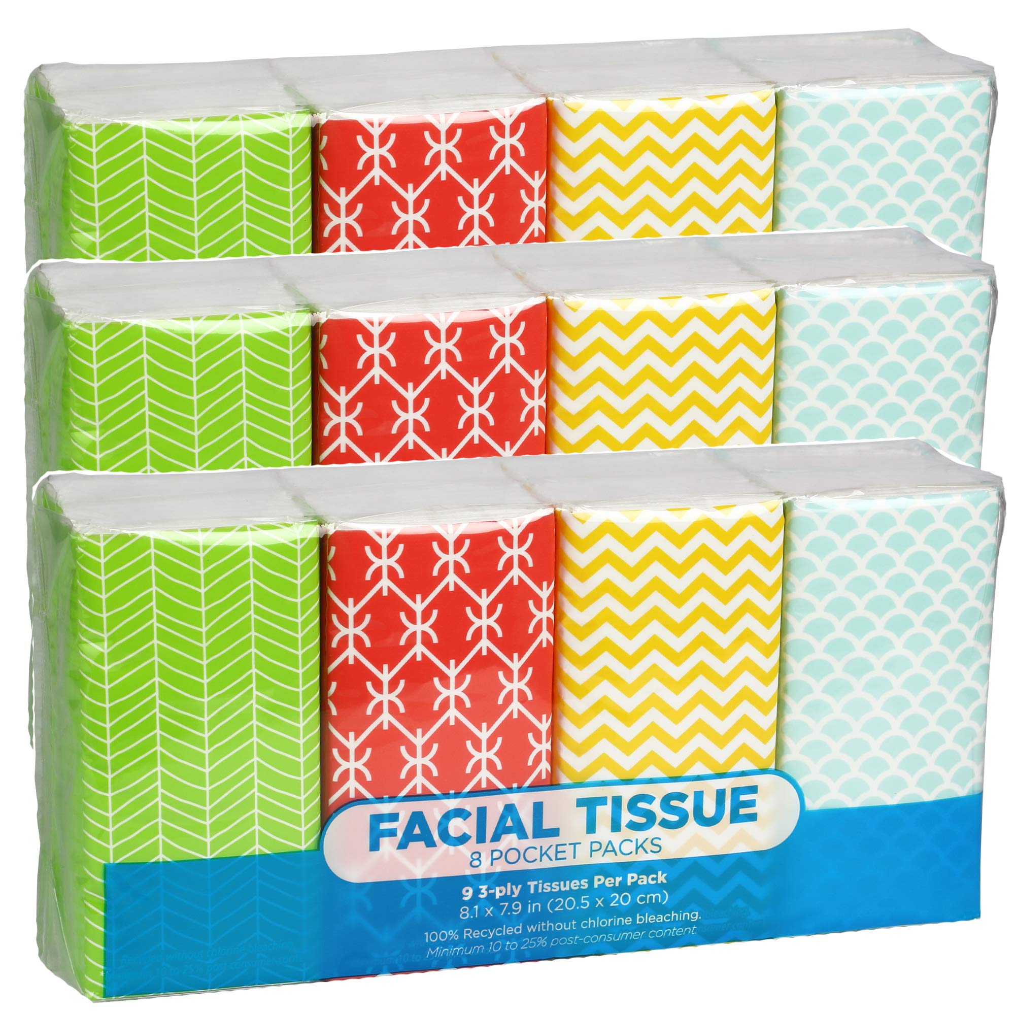 FunwaresWhite Facial Travel Tissue Packs, Chlorine-Free, 24 Packs, 216 Tissues, 3-Ply Sheets, 9 Sheets Per Pack, Car, Travel, School, Work