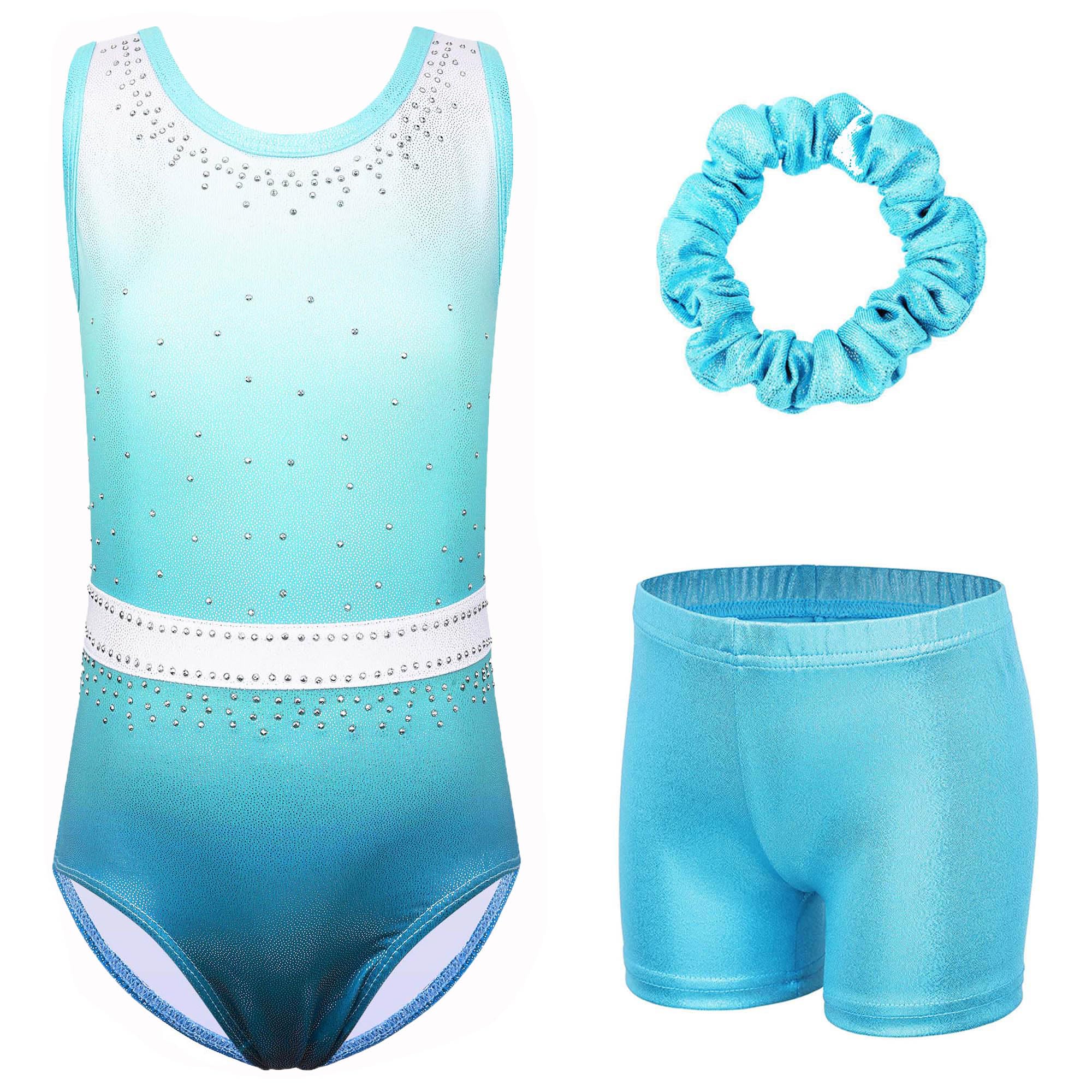 Girls Gymnastics Leotards Outfits Unitards Biketard with Tumbling Shorts Hair band Kids Dance Activewear for Girls 3-14 Years