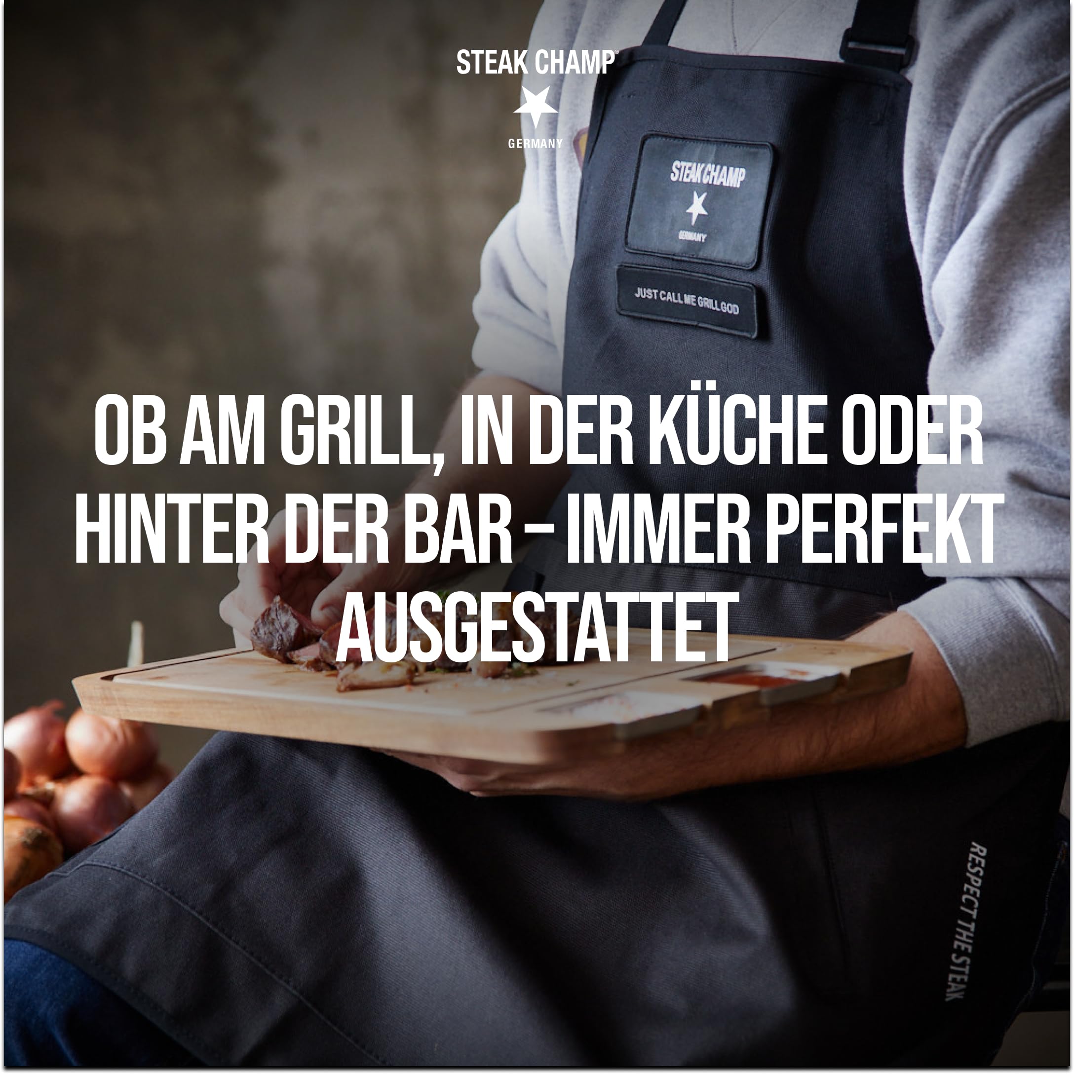 Steakchamp Grill & Bar Schürze: Robuste Koch- & Grillschürze, verstellbar, mit schmutz- und wasserabweisender Beschichtung, Aufnäher personalisierbar