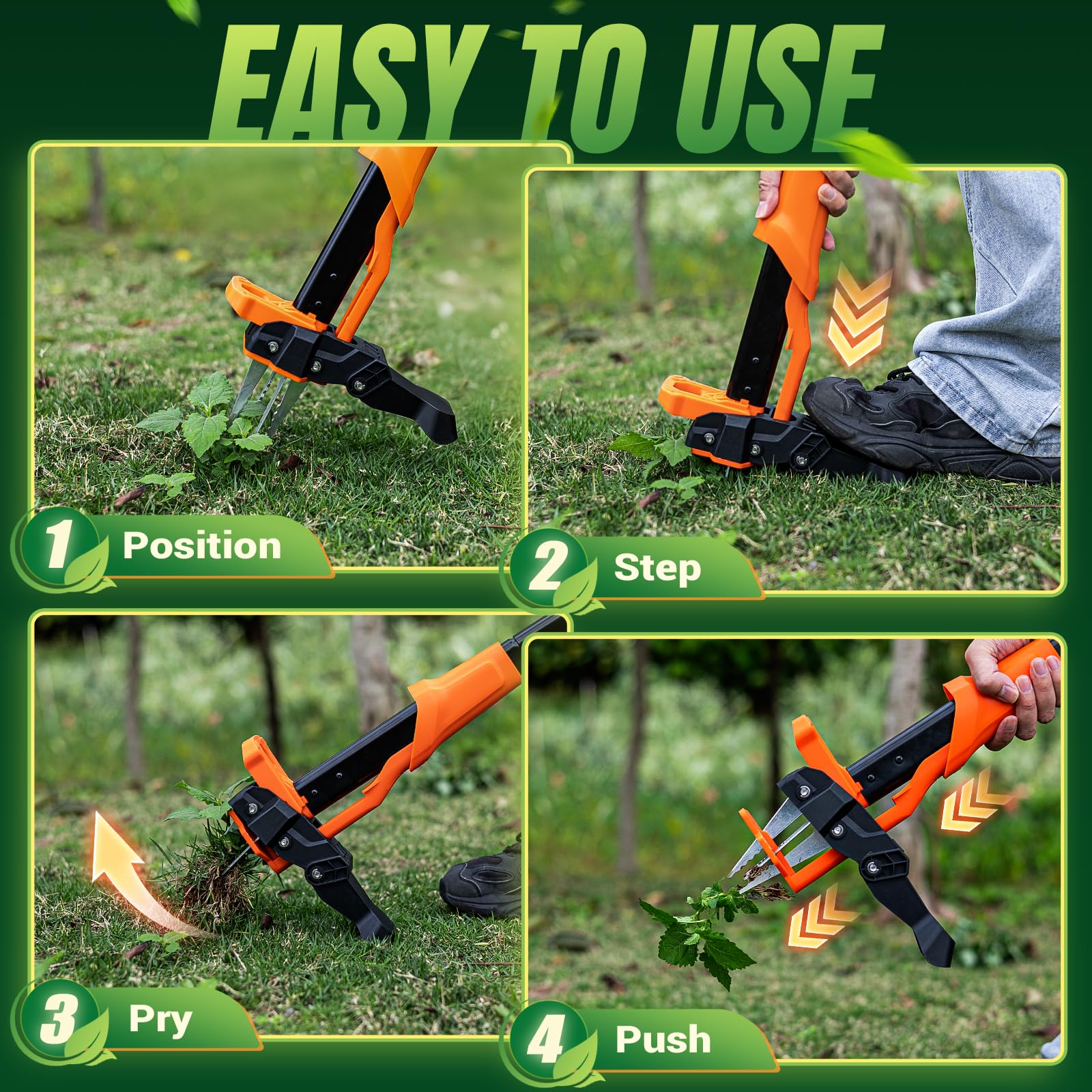 Crywag Weed Puller Tool - Stand Up Weed Puller with 4-Claw Steel Head, 39" Retractable Handle & Easy-Eject Mechanism for Dandelions, Clover & More, No Bending or Kneeling - Orange — view 3