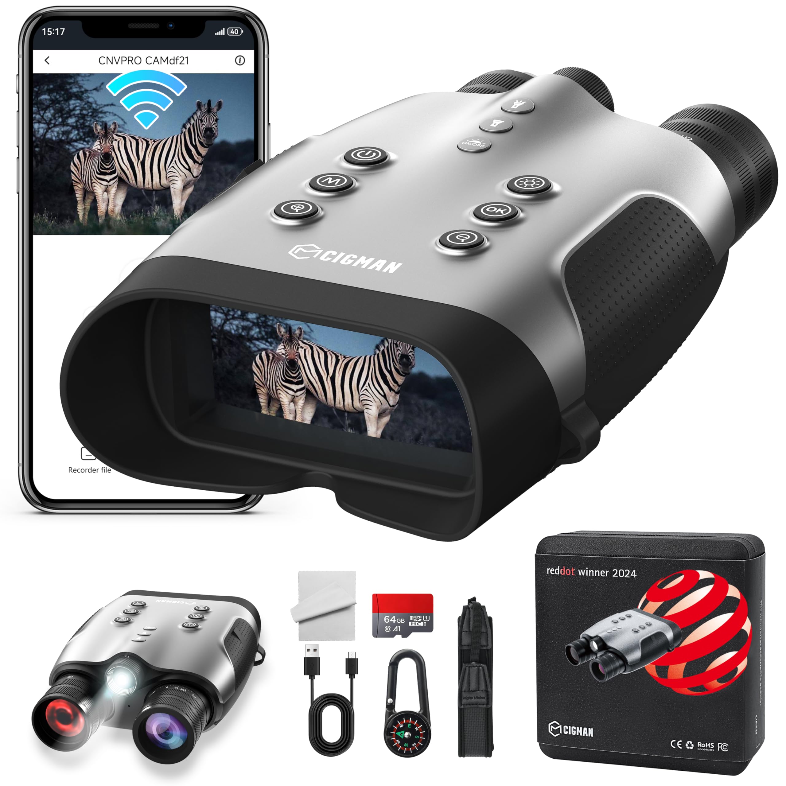 Lunettes de Vision Nocturne CNVPRO 4K, portée 1000 m, Ouverture f/0,8, écran 4", contrôle Wi-FI, Lunette de Vision Nocturne IP54 étanche avec Lampe Torche, Boutons rétroéclairés et Stockage 64 Go