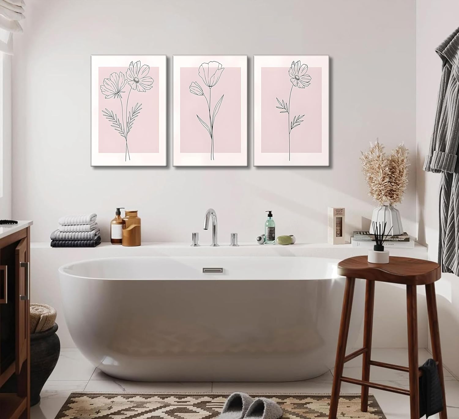 3 Pieces Minimalism Botanical Canvas Wall Art Pink Flowers Line Plants Pictures Wall Decor Posters Print Artwork for Girls' Room Living Room Bedroom Bathroom Office Home Decoration