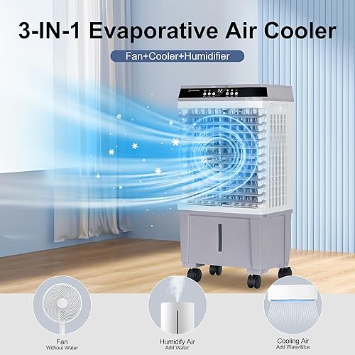 Miniatura 3 de Uthfy Enfriador de aire evaporativo, enfriador de pantano con tanque de agua de 5.3 galones, 4 cajas de hielo, control remoto, temporizador de 12