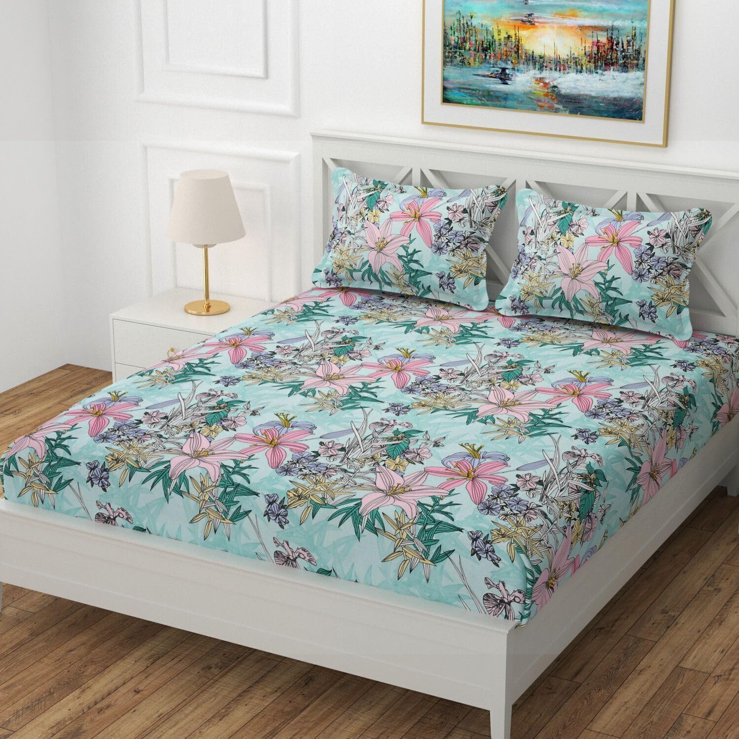 Cotton Feel Glace Cotton Elastic Fitted Printed Single Size Bed Bedsheet 4x6 feet with 1 Pillow Cover(72"X 48"X6") Kamal-picture-37