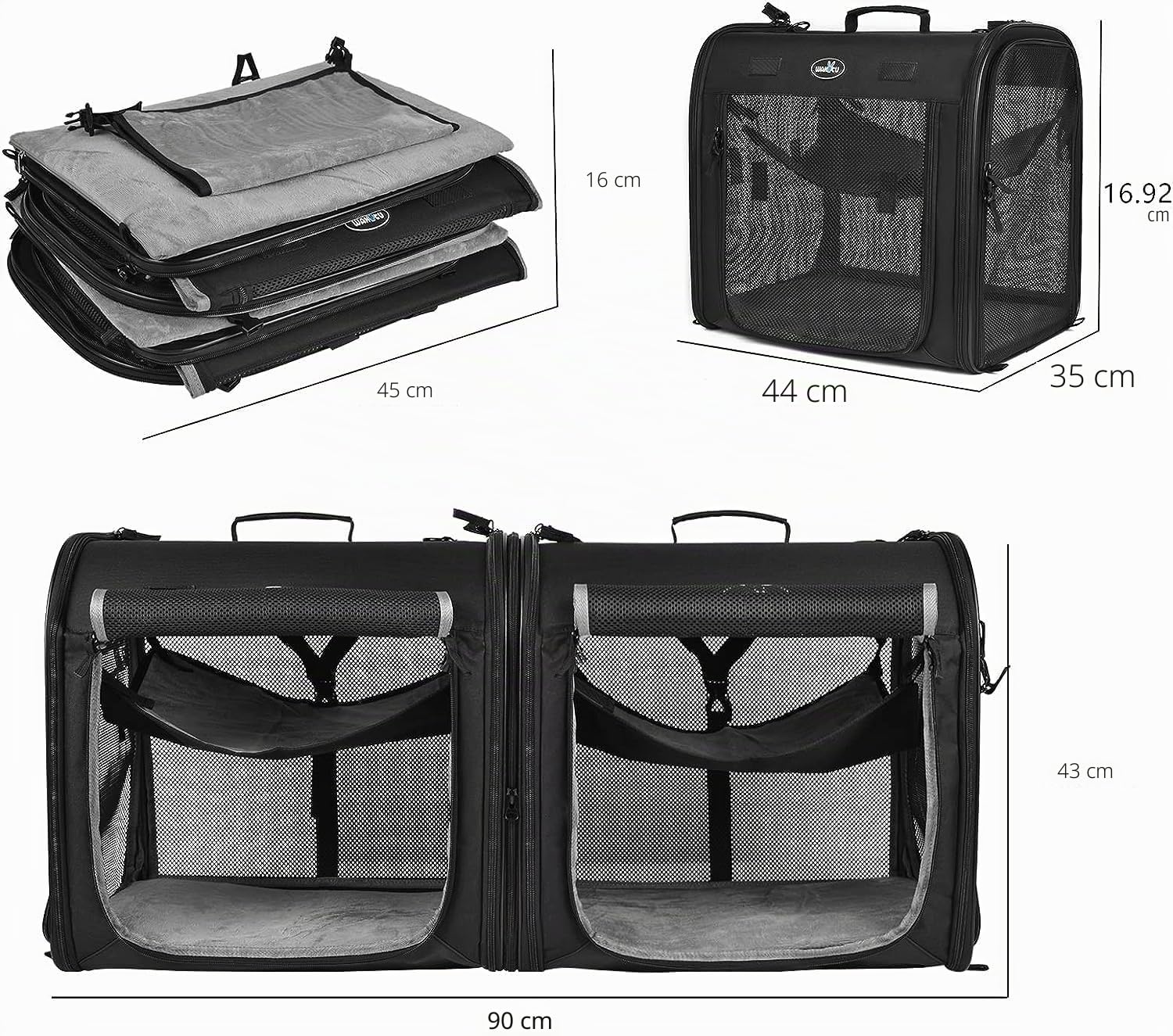 Wakytu Faltbare Katzen Transportbox groß 89x35x43cm für 2 Katzen, 2-in-1 Haustiertragetasche und Autositz Sicher und belüftet für Auto Reise Tierarzt geeignet für kleine Hunde und Katzen