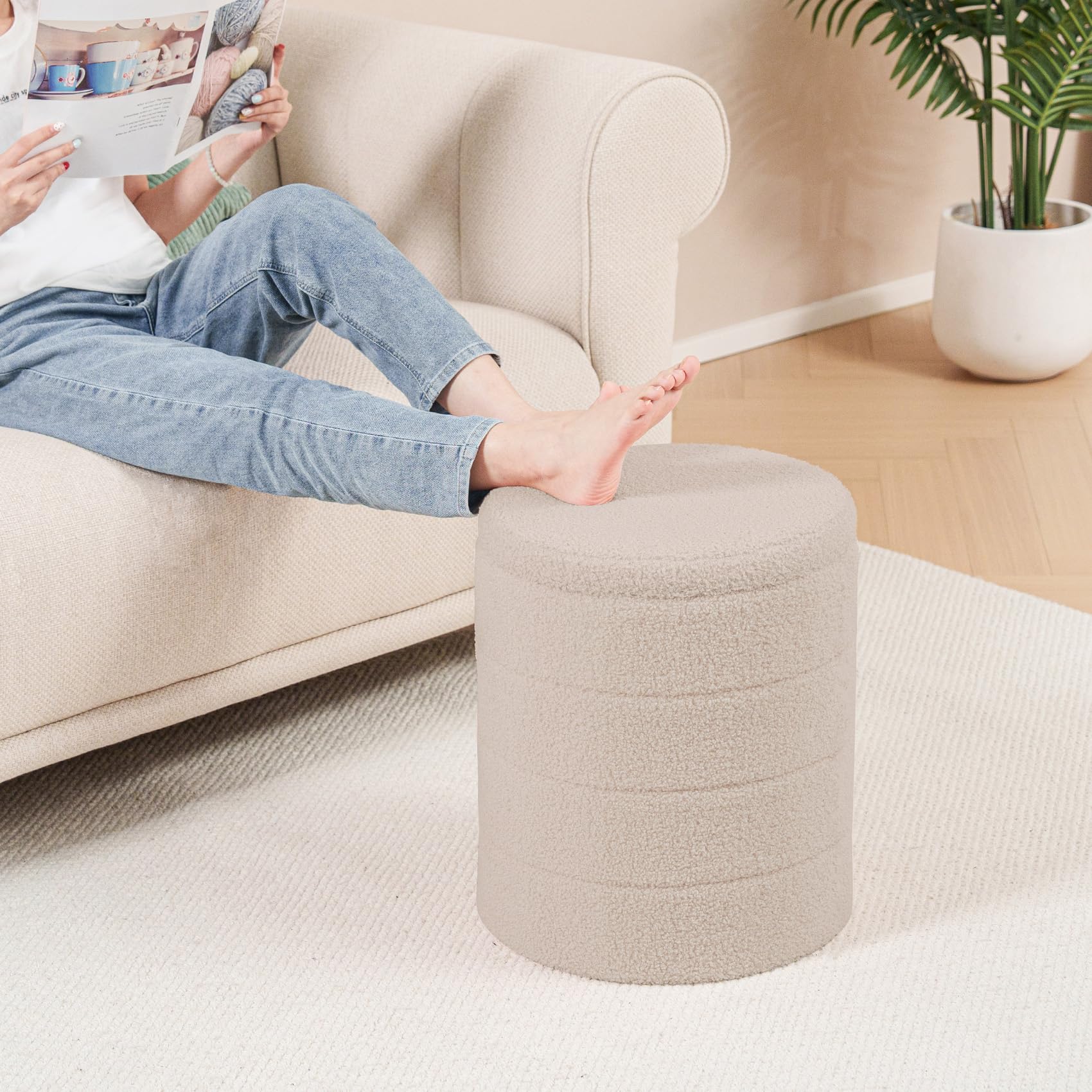 Bonlife Tabouret de Rangement, Rond Pouf Pliable, Coffre de Rangement, pour Salon, Chambre, Dortoir, Charge jusqu'à 120 kg, Beige, 37x37x45 cm
