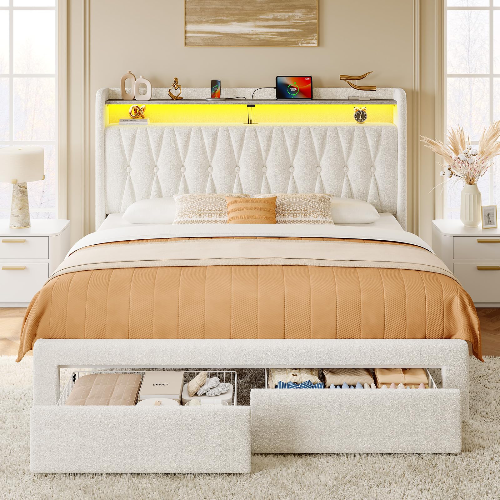 Rolanstar Queen Bed Frame with Drawers, Storage Headboard with Charging Station and LED Lights, Upholstered Bed with Heavy Duty Wood Slats, No Box Spring Needed, Noise Free, Easy Assembly, Beige