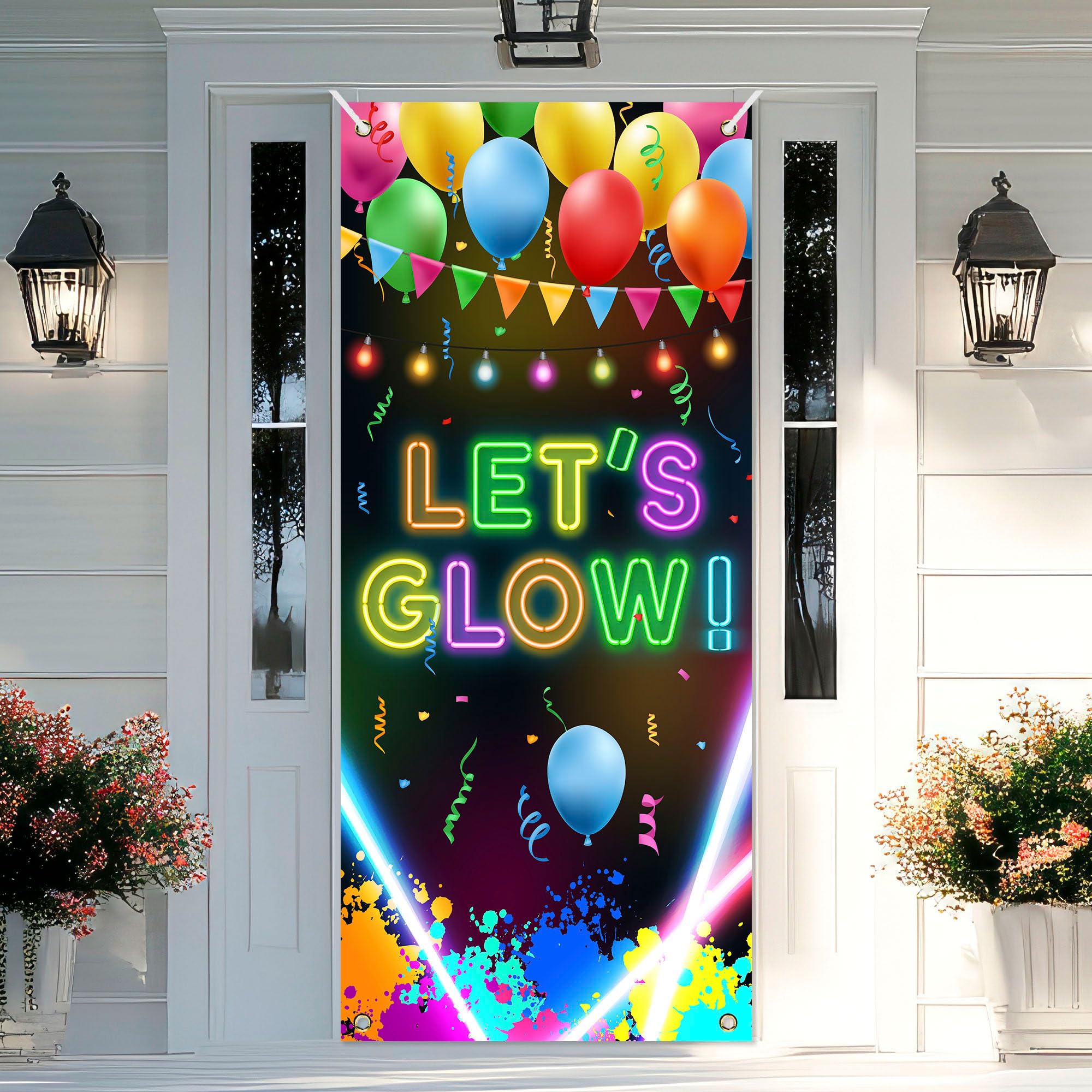 Neon Let's Glow Backdrop Banner Graffiti Splash Paint Glow Theme Door Decor for Kids Boys Girls Birthday Party Decorations Photo Studio Props Supplies