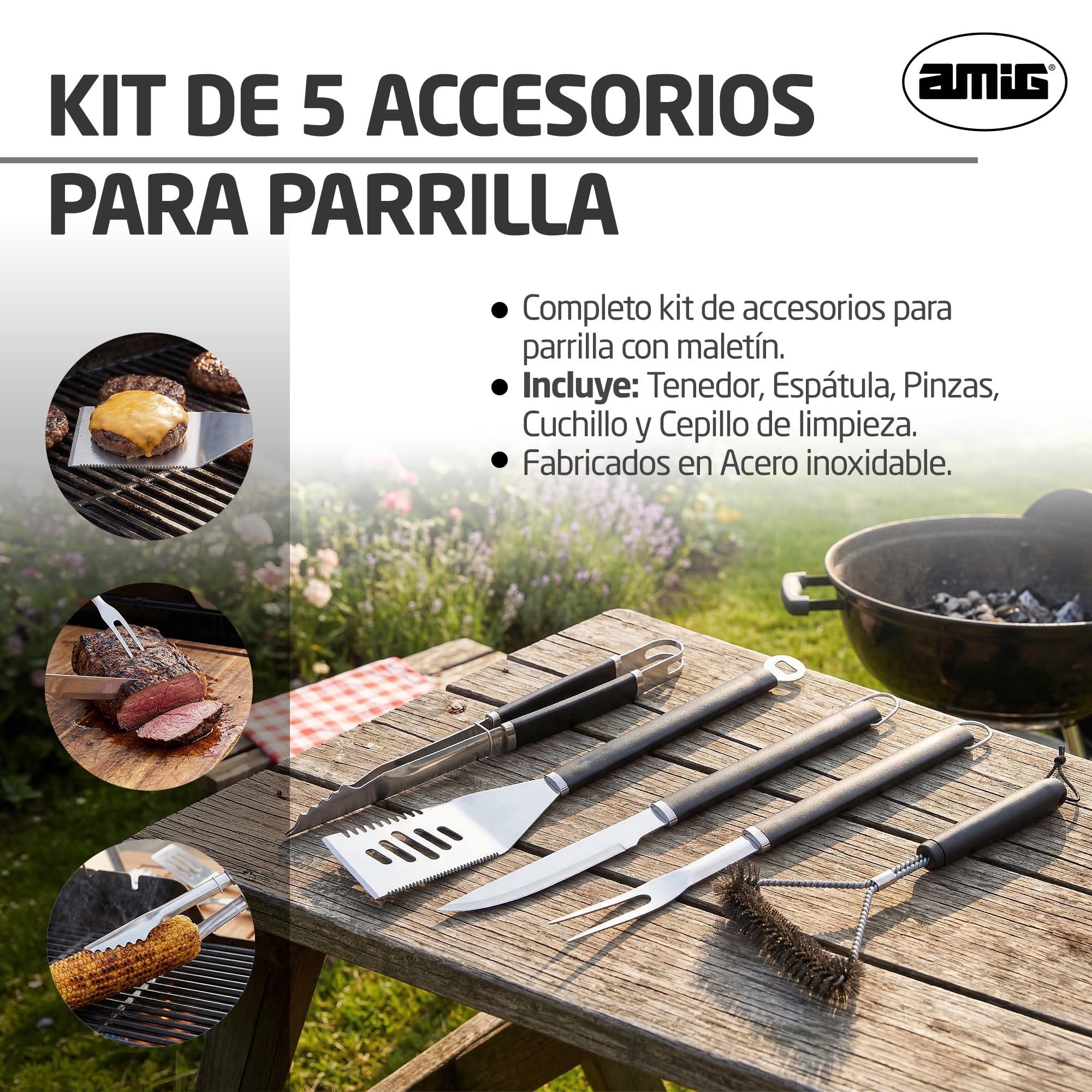 Amig - Maletín de 5 Accesorios para Barbacoa - Acero Inoxidable - Set Completo de Utensilios con Estuche - Accesorios Prácticos y Presentación Cuidada para Regalo - Mod. AM01