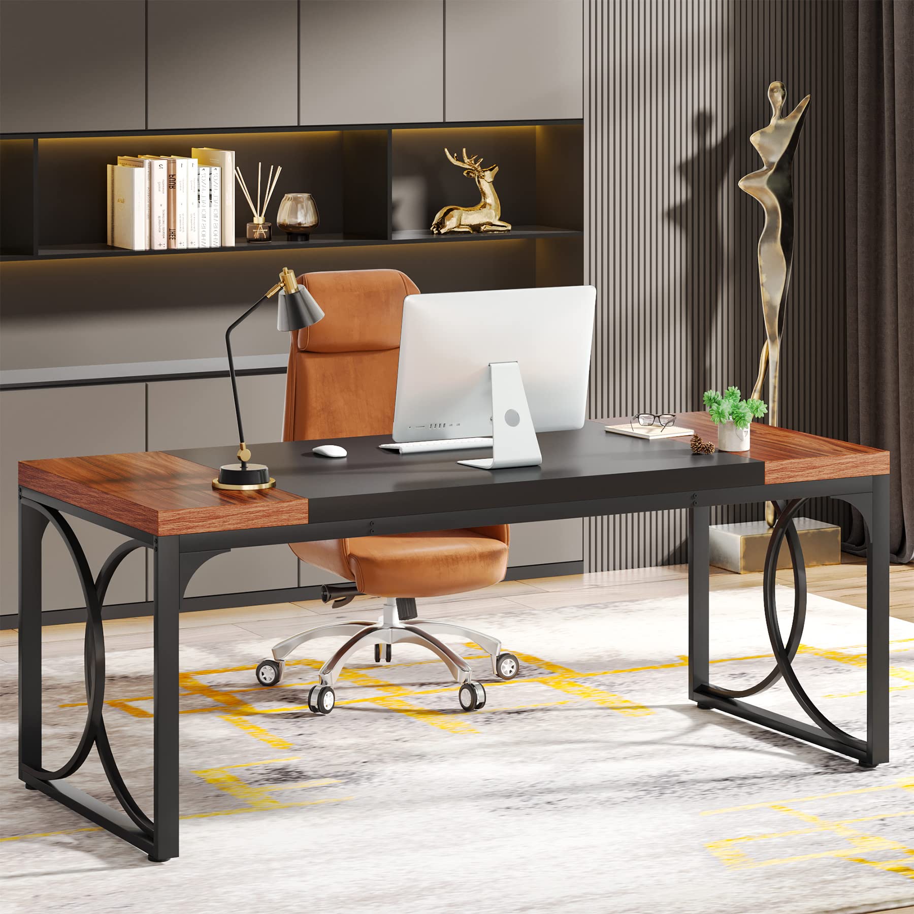 Tribesigns 63" Executive Desk, Large Office Computer Desk with Strong Metal Frame, Industrial Thicken Wood Workstation Business Furniture, 4 People Rectangle Conference Table for Home Office