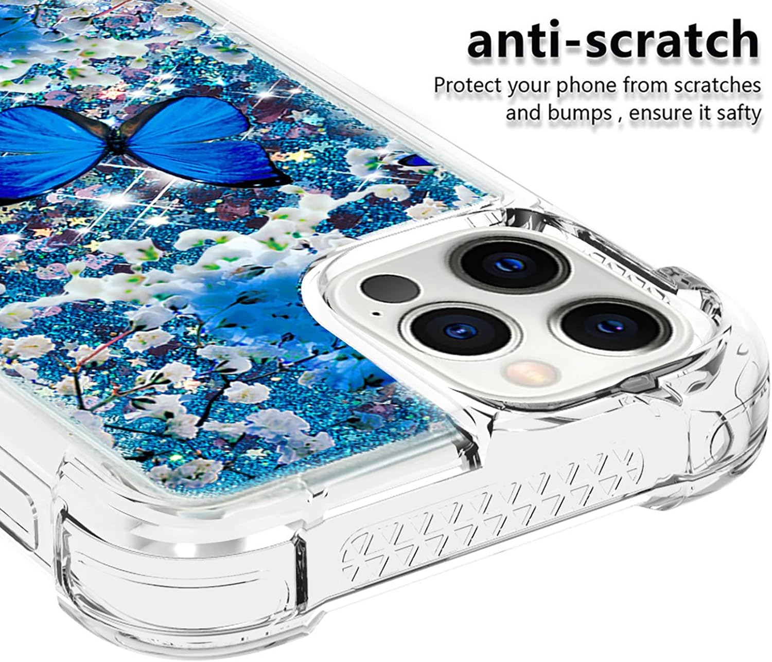 CAIYUNL for iPhone 12 Case Glitter,iPhone 12 Pro Case with Tempered Screen Protector, Girls Women Girly Bling Sparkle Liquid Floating Cute TPU Phone Case for iPhone 12/12 Pro (6.1 inch)-Blue Butterfly