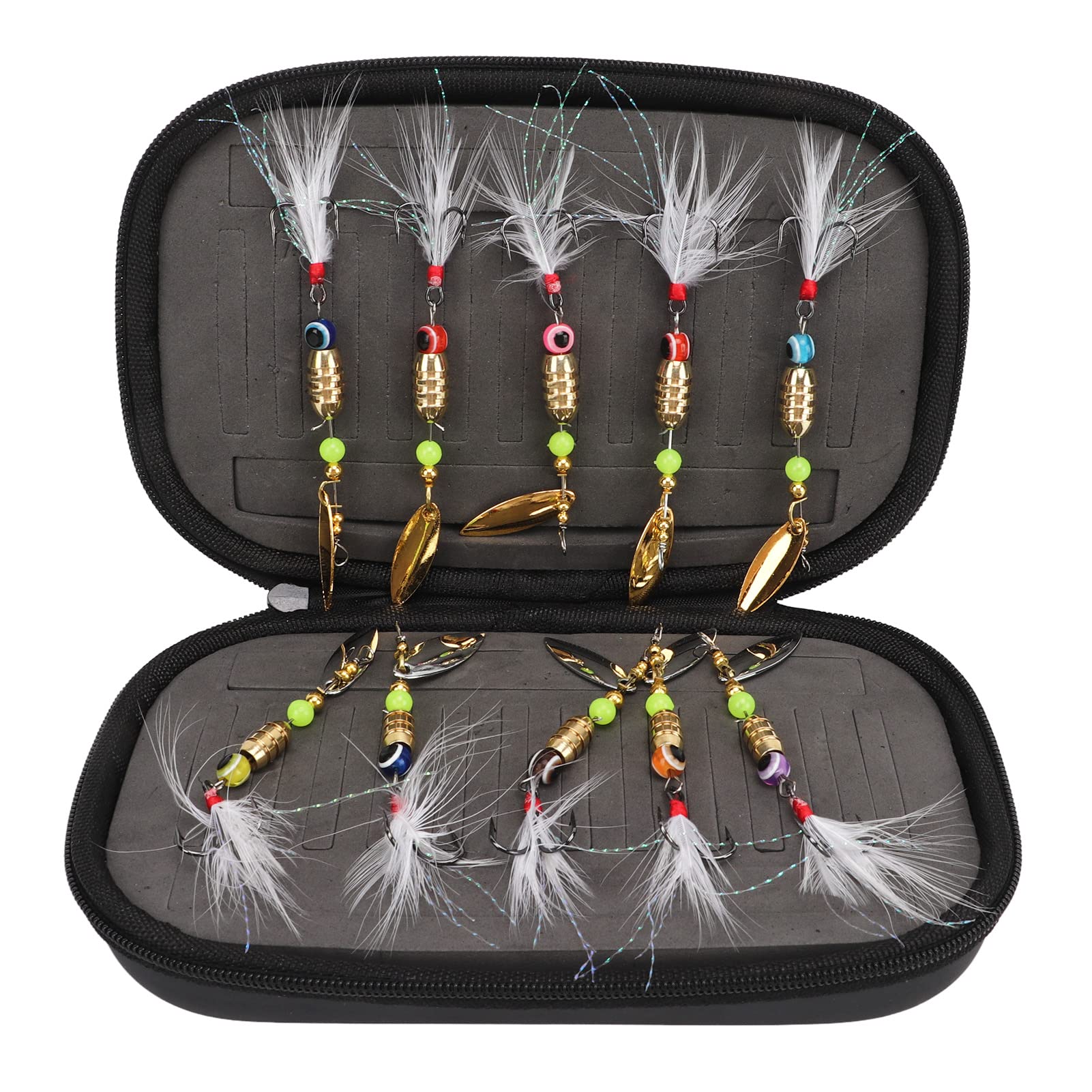 Kit de Equipo de señuelos de Pesca, 10 Piezas, Anzuelo de Plumas de Lentejuelas Giratorio Compuesto, Color Brillante, Resistente al Agua Salada, señuelos de Pesca de Acero con