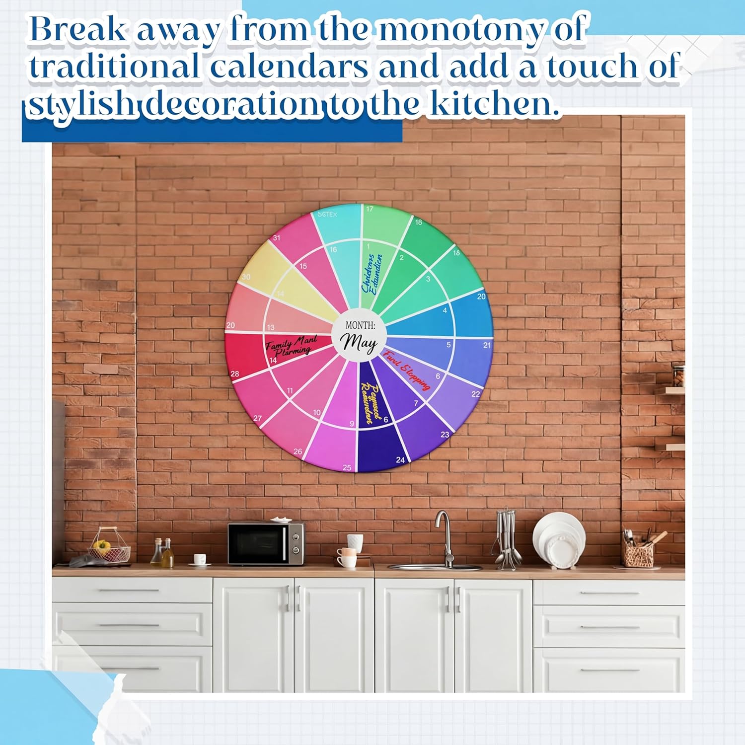 Round Magnetic Dry Erase Calendar for Wall, 27.5×27.5 Inch Monthly Whiteboard with 8 Colored Markers, Reusable Circular Planner for Home Office Classroom Kitchen – Panoramic Layout, No Date Limits