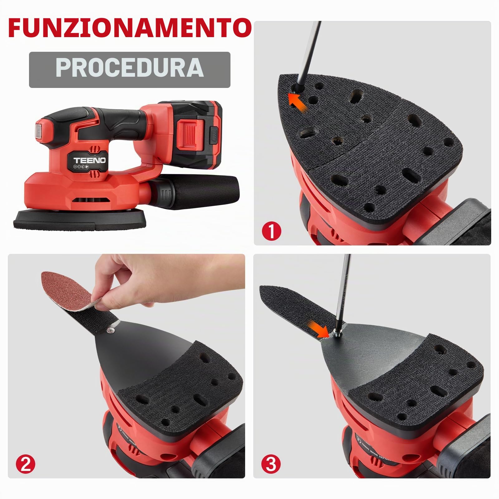 TEENO Levigatrice senza fili con batteria 3 in 1, levigatrice a delta da 20 V con batteria 2A, levigatrice per dettagli a 13000 giri/min con sacchetto di raccolta della polvere, 15 fogli di carta