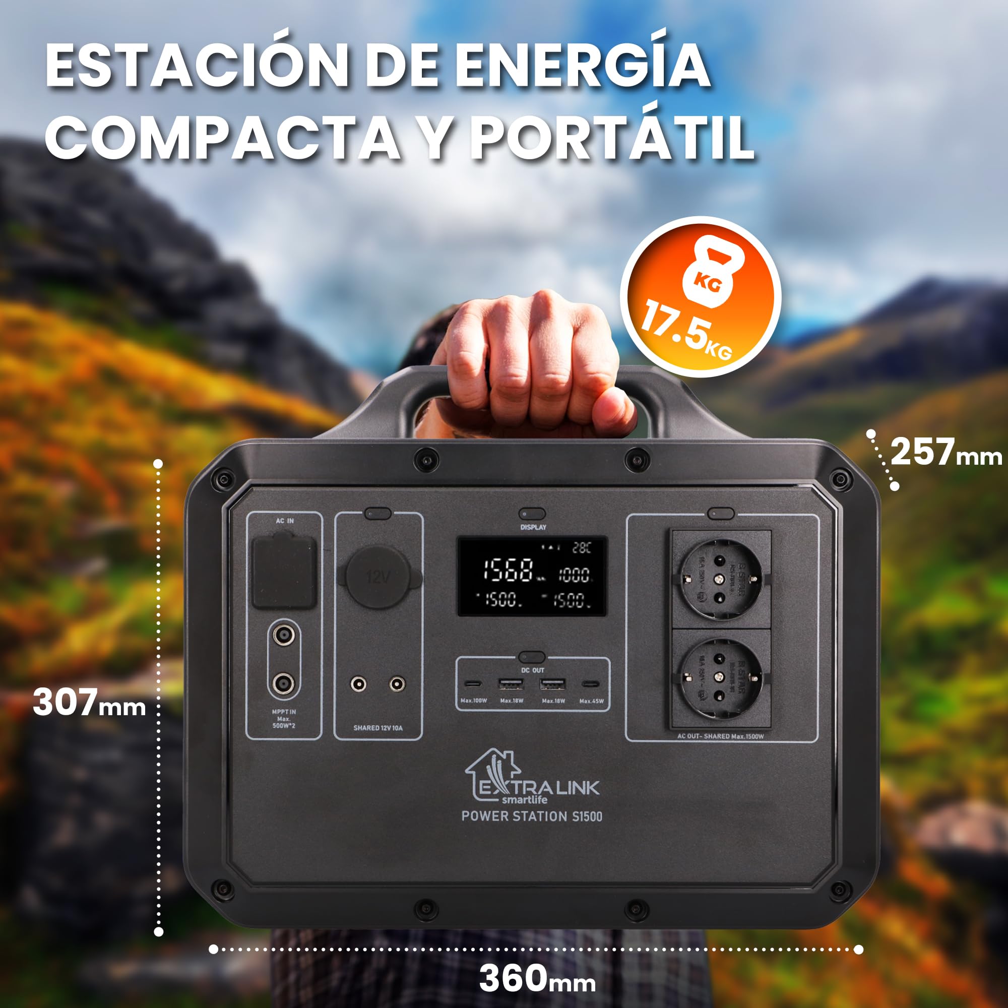EXTRALINK EPS-S1500F - Stazione di alimentazione portatile LiFePO4, 1568 Wh, 1500 W, 2 USB, 1 USBC PD 100 W, MPPT, alimentata a energia solare, 2 x 230 V AC, 1 x display LED DC di emergenza,