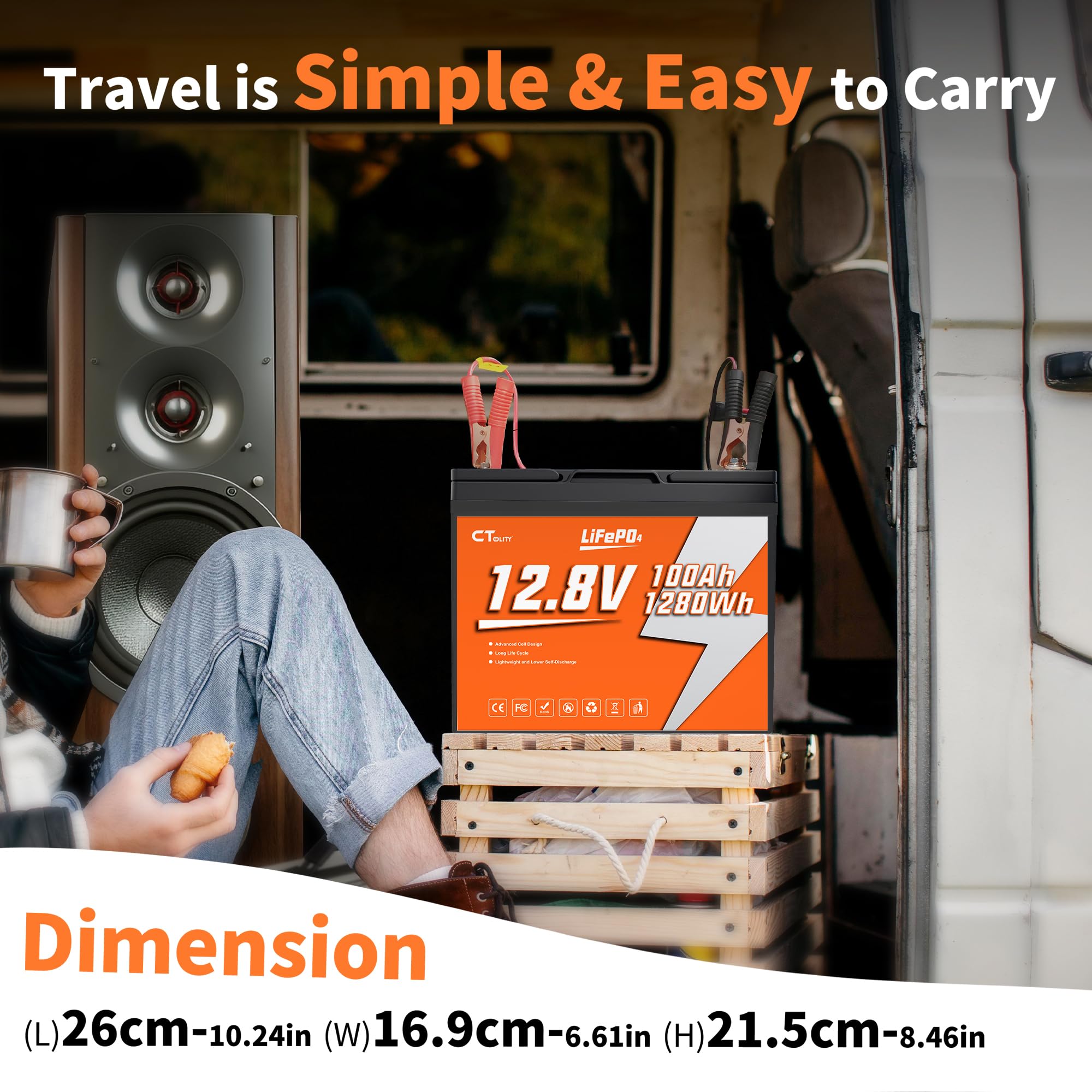 Batteria Litio 12V 100Ah con 100A BMS e Protezione Bassa Temperatura, 1280Wh Energia, Max. 4000 cicli, Batteria LiFePO4 12V per Camper, Barca, Impianti Solari, Off-Grid, Motore a traina