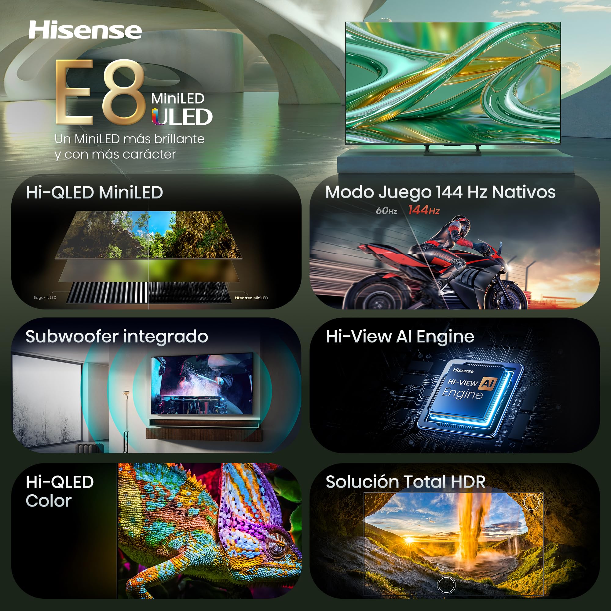 Hisense 50E8S - MiniLED Smart TV 50 Pulgadas, Hi-QLED MiniLED, Modo Juego 144 Hz Nativos, Subwoofer Integrado, Hi-View AI Engine, Total HDR Solution, Filmmaker Mode, Control por Manos Libres