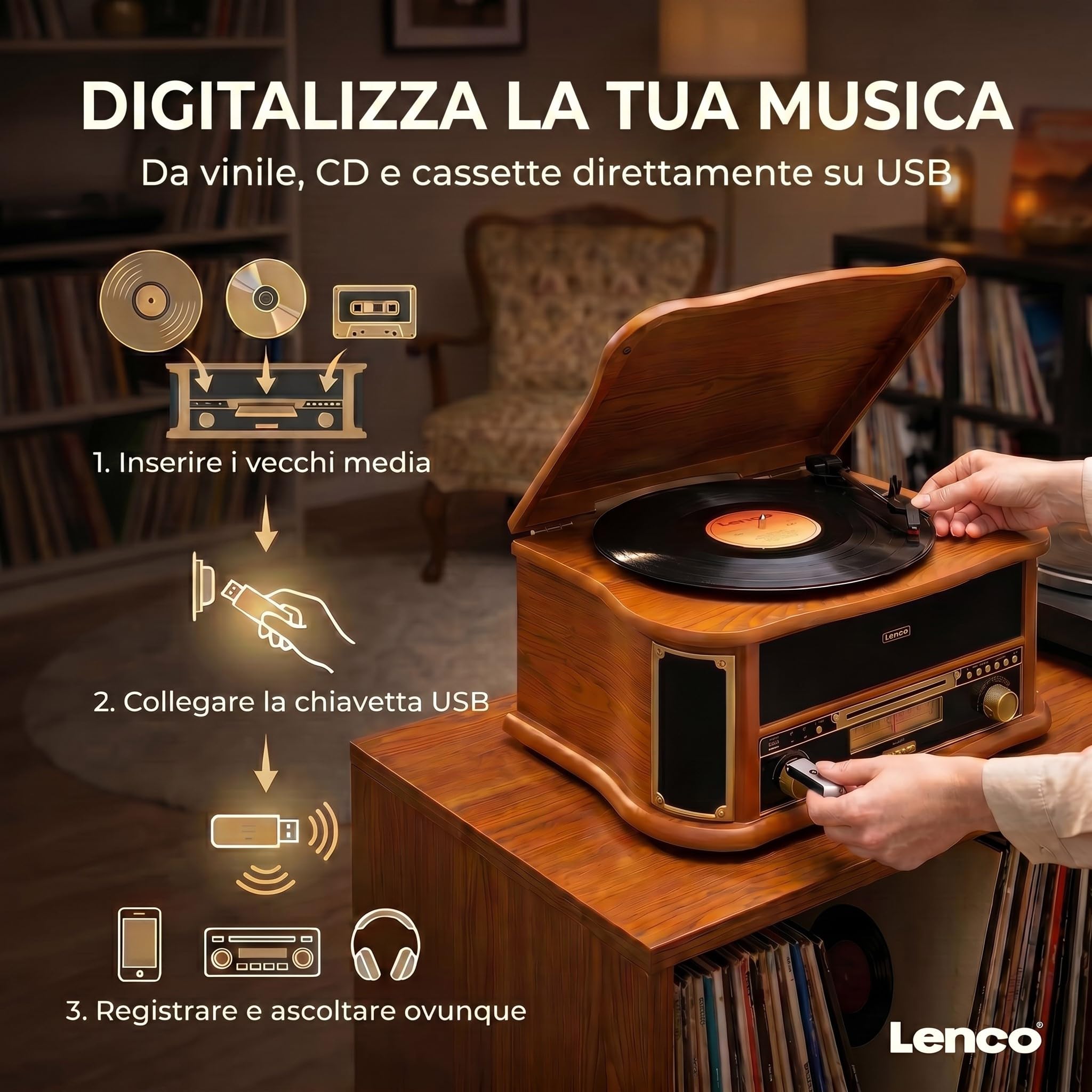 Lenco TCD-2571 Giradischi, Giradischi Vinili - Bluetooth - altoparlante, radio DAB+, lettore CD, 3 velocità, trasmissione a cinghia, 2 x 5 Watt, legno