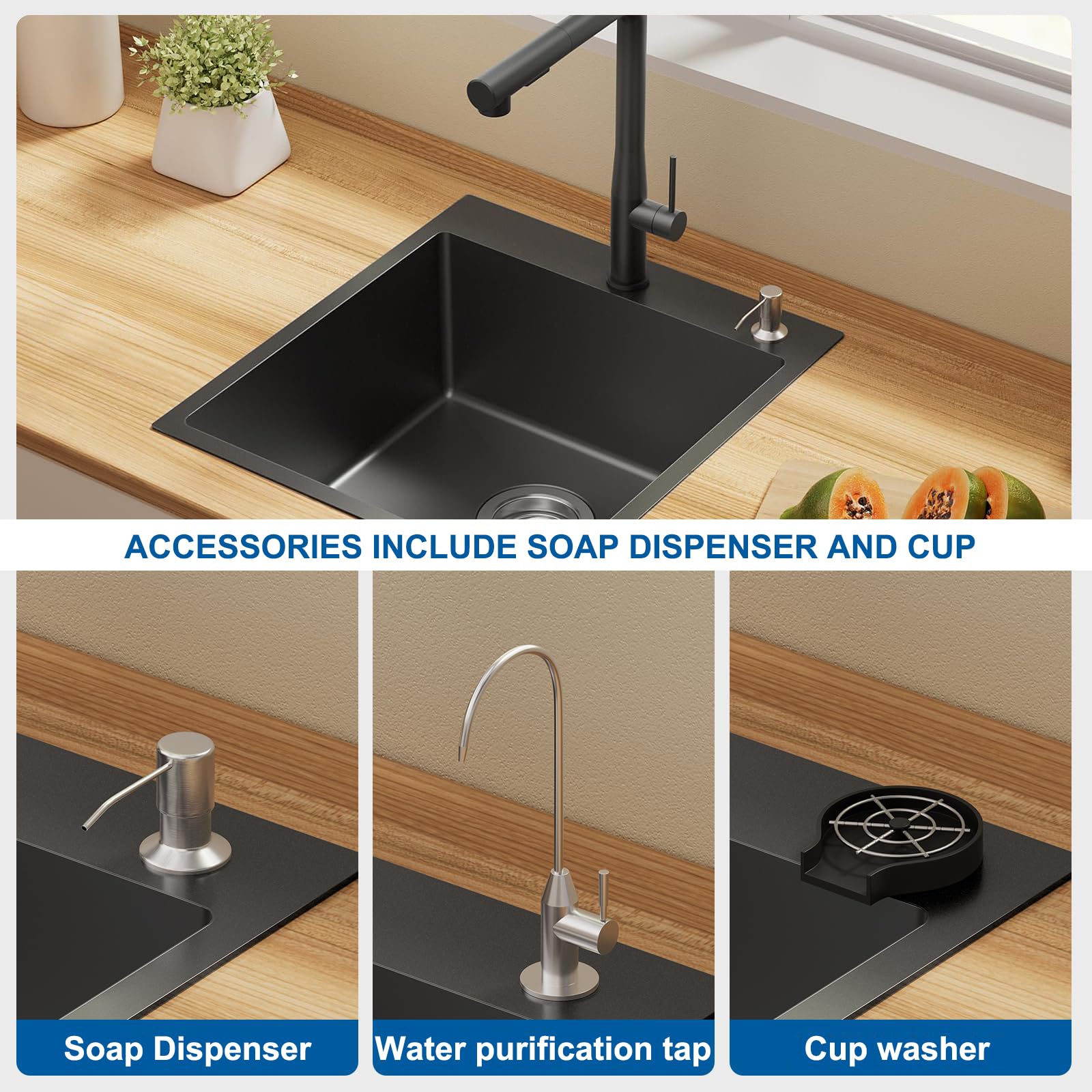 Lavello da cucina in acciaio inox nero con montaggio sotto piano di lavoro piccolo lavello da cucina con accessori per scolapiatti, adatto per cucine, roulotte, bar e ripostiglio