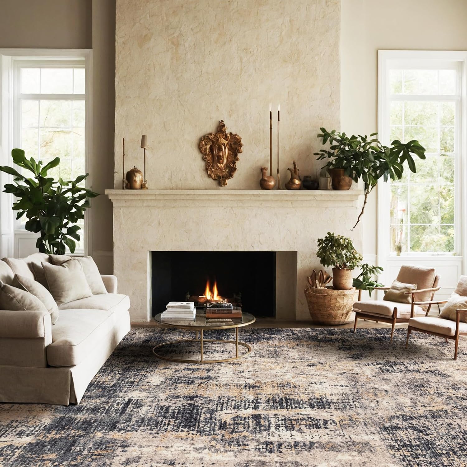 Area Rug 8×10, Large Vintage Boho Rug,Ultra-Soft Low Pile, Washable, Non Slip,Stain Resistant, Carpet for Living Room Bedrooms Playroom Office Kitchen, Tan/Coffee Tan/Coffee 8×10