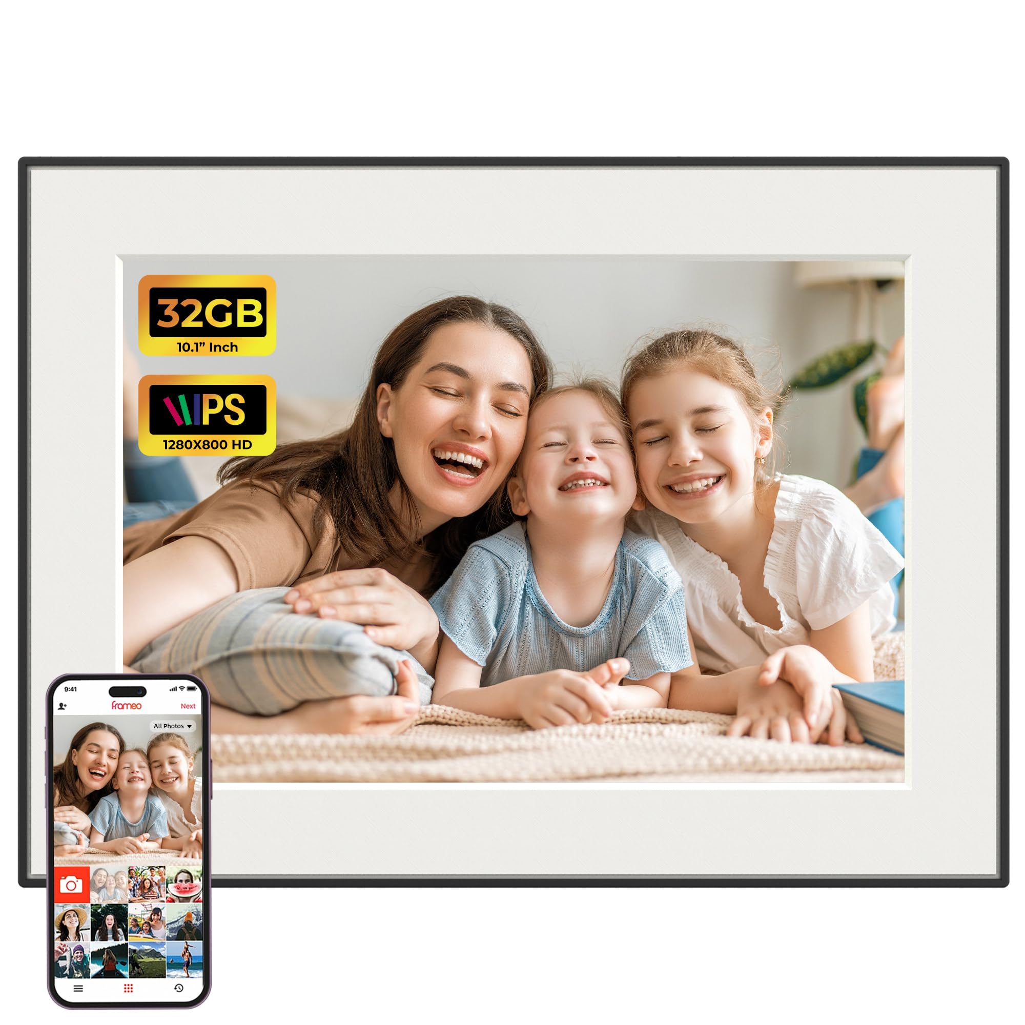 Frameo WiFi Digitaler Bilderrahmen, 10,1 Zoll 32GB Digital Photo Frame 1280x800 IPS HD Touch Screen, Automatische Drehung, sofort Fotos/Videos teilen via Frameo-App von überall.