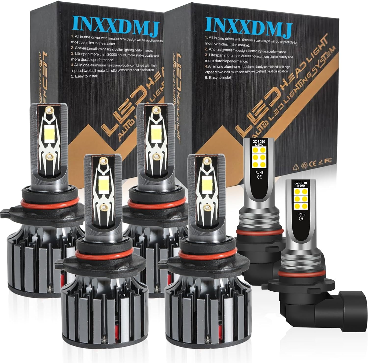 Fits For Chrysler 300 2005 2006 2007 2008 2009High Low Beam Fog Lights Bulbs Combo Kits, 500% Super Bright 6000K White Light Combo Kit, Plug-N-Play, IP68, 6-Pack