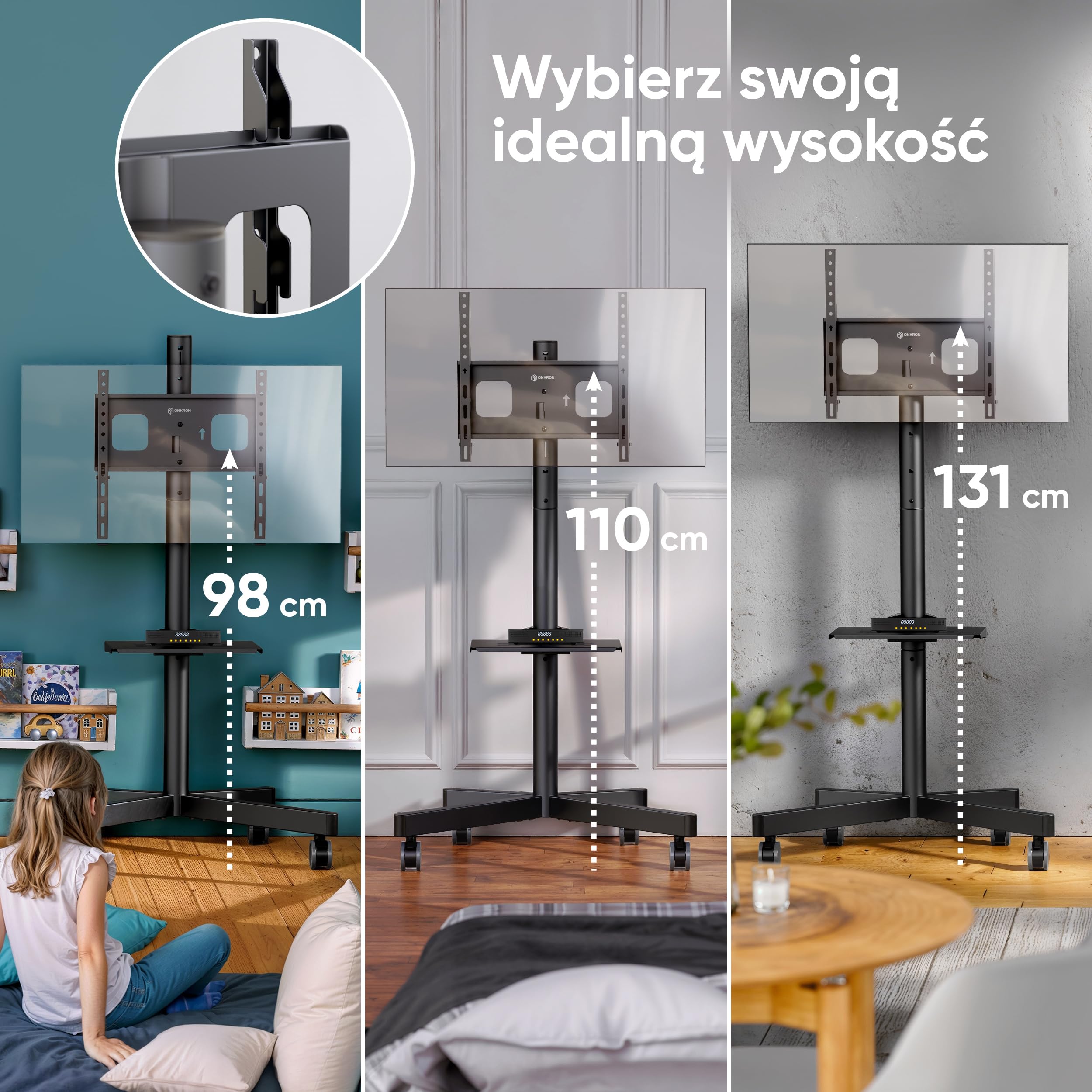 ONKRON Mobilny Stojak TV na Kółkach 23-60 Cali, Maks. Obciążenie 45 kg, Wózek pod Telewizor VESA 100x100-400x400, z Regulacją Wysokości, Półką AV i Kabel-Kanałem, Czarny TS1137-B