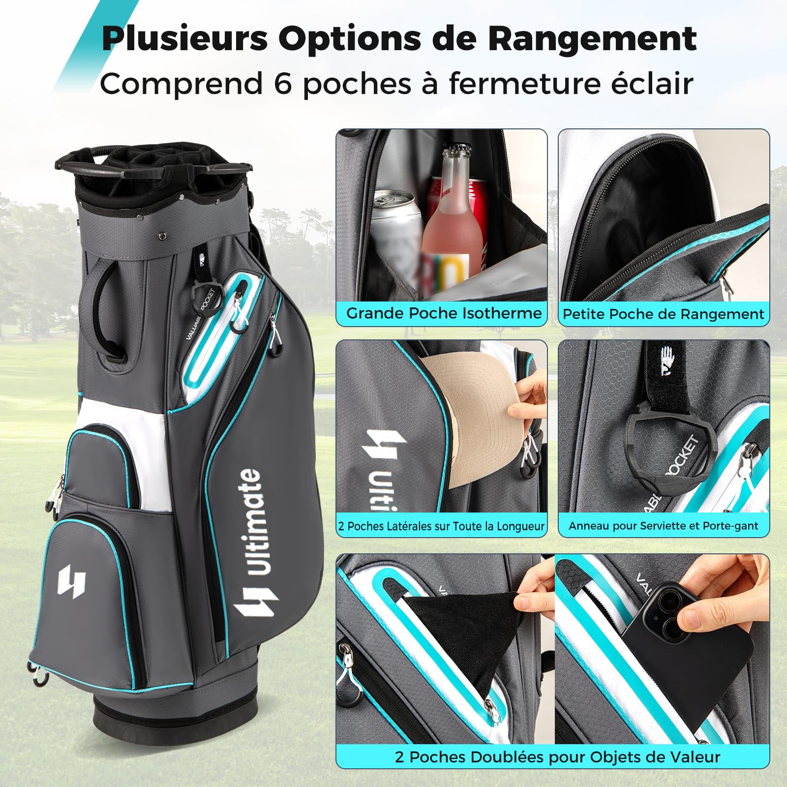 COSTWAY Sac de Golf avec 14 Compartiments sur Le Dessus, Sac de Rangement Portable pour Club de Golf avec Poche Isotherme Bandoulière Réglable Housse de Pluie et Porte-Parapluie
