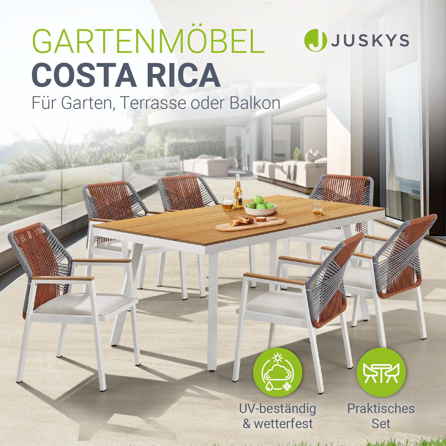 Juskys Premium Gartenmöbel-Set Costa Rica - Korrosionsbeständig & schnelltrocknend - Outdoor Möbel mit Esstisch - Wetterfest & UV-beständig