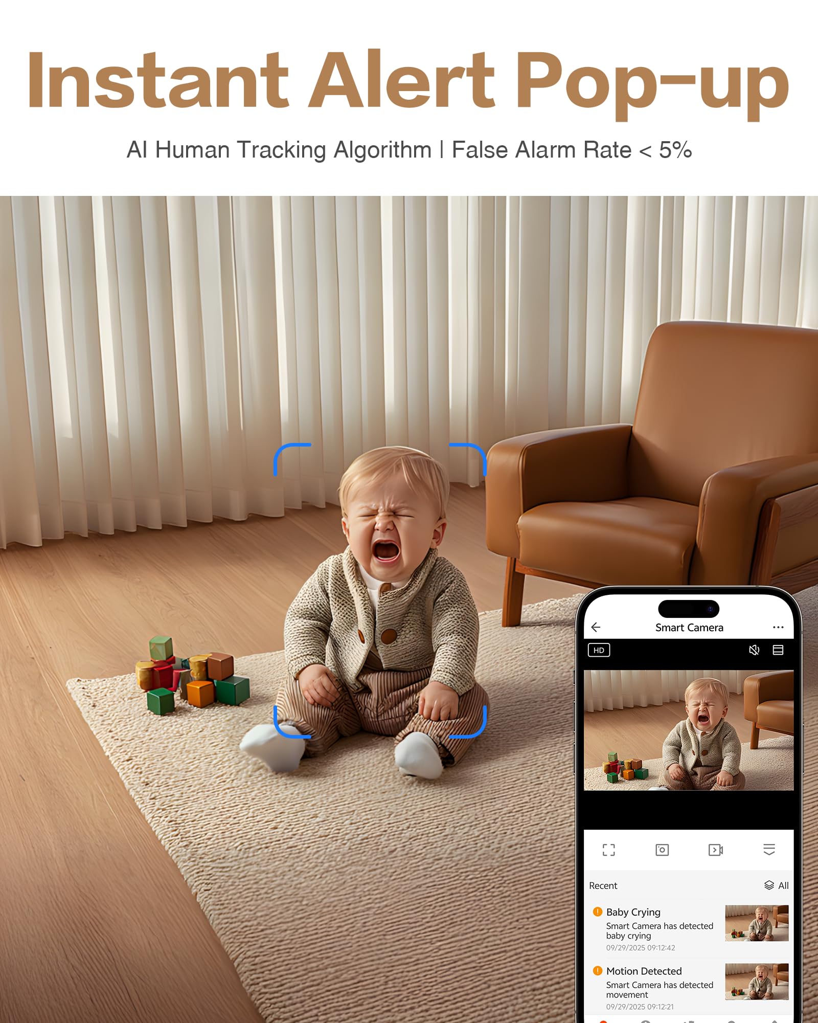 Smartphone screen showing an instant alert pop-up from the NGTeco Smart Camera detecting a crying baby.