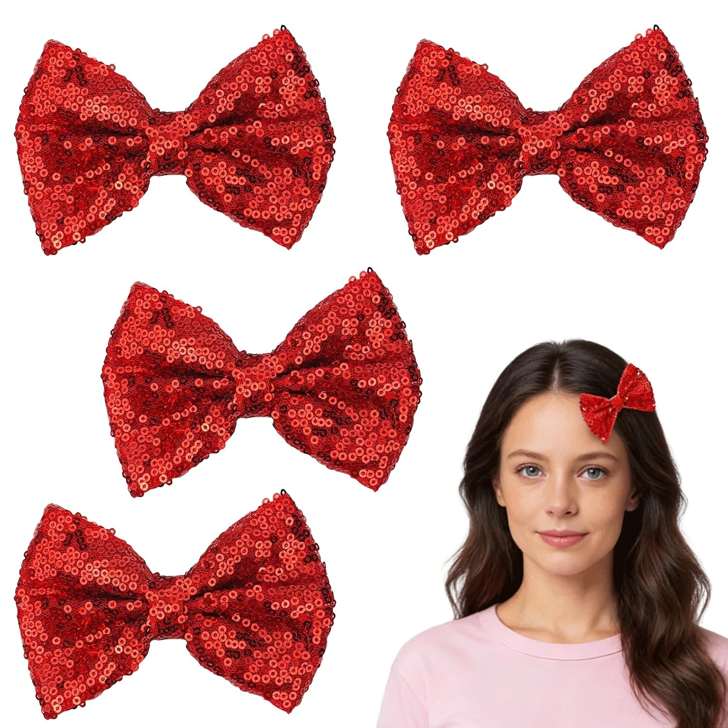 4PCS Sequin Red Bow Hair Clips, Sparkly Bow Barrettes Hair Accessories