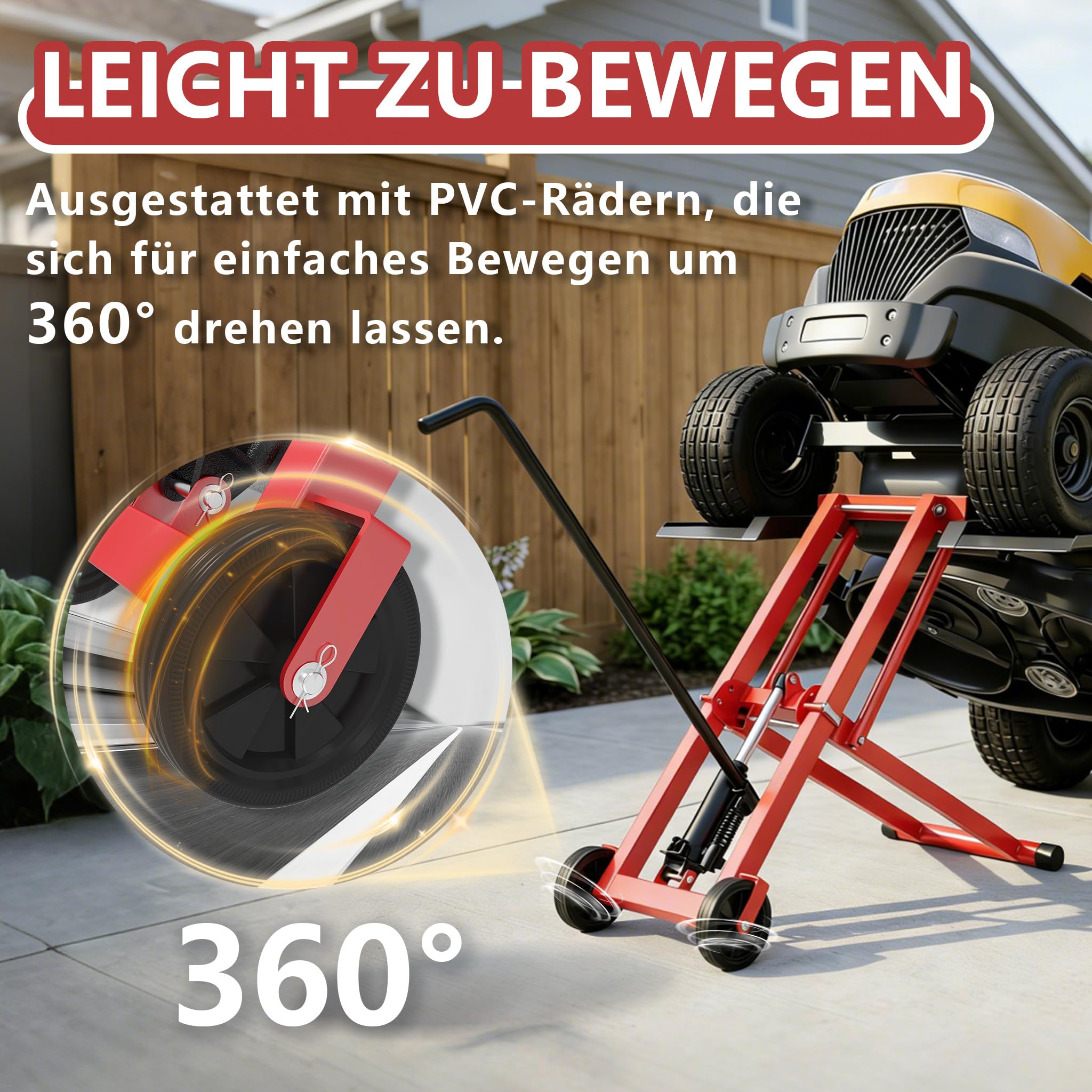 Aufun Rasentraktor-Hebebühne hydraulischer Wagenheber 227 kg Tragkraft Stahl PVC-Räder 12 cm Schwarz/Rot