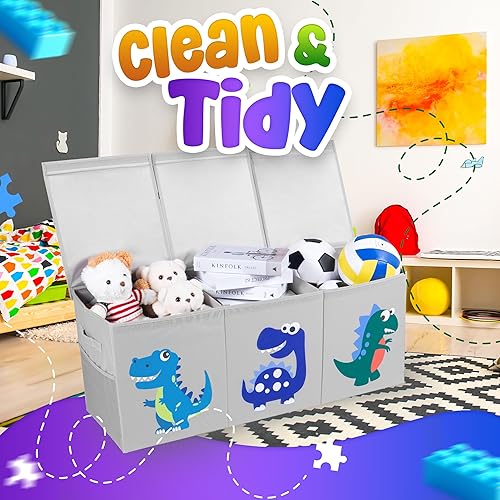 Miniatura 8 de Organizador de almacenamiento de juguetes extra grande para niños, caja de juguetes plegable de 40 x 13 x 16 pulgadas con 3 tapas, divisores y