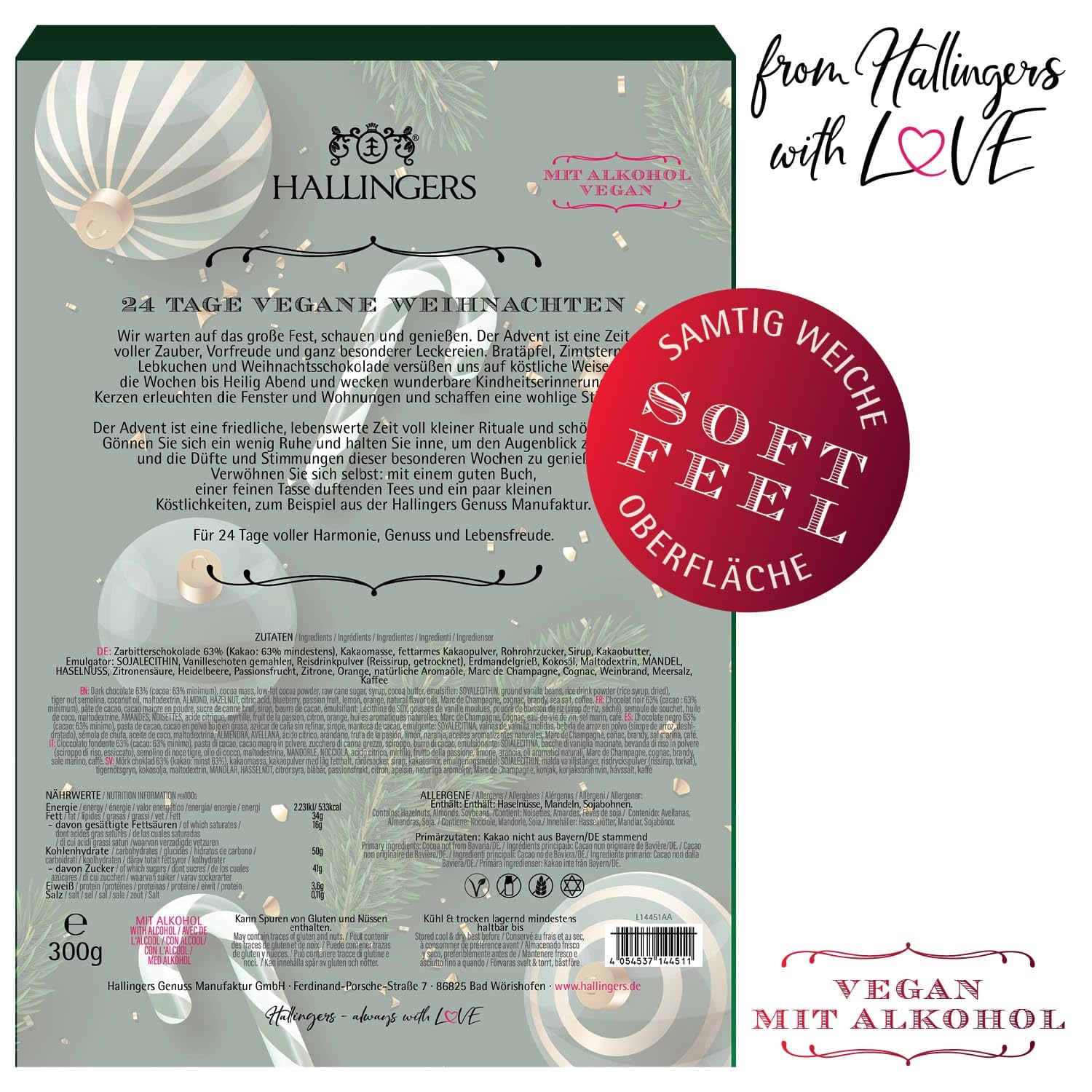 Hallingers Genuss Manufaktur Vegane Pralinen Adventskalender - mit & ohne Alkohol, handmade aus Confiserie-Edelkakao in wertigem Softfeel-Karton "Merry Christmas...", Weihnachtskalender für Frauen