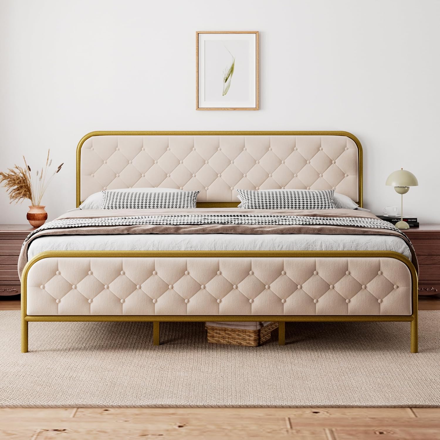 iPormis King Size Metal Platform Bed Frame, Vintage Upholstered Bed ...
