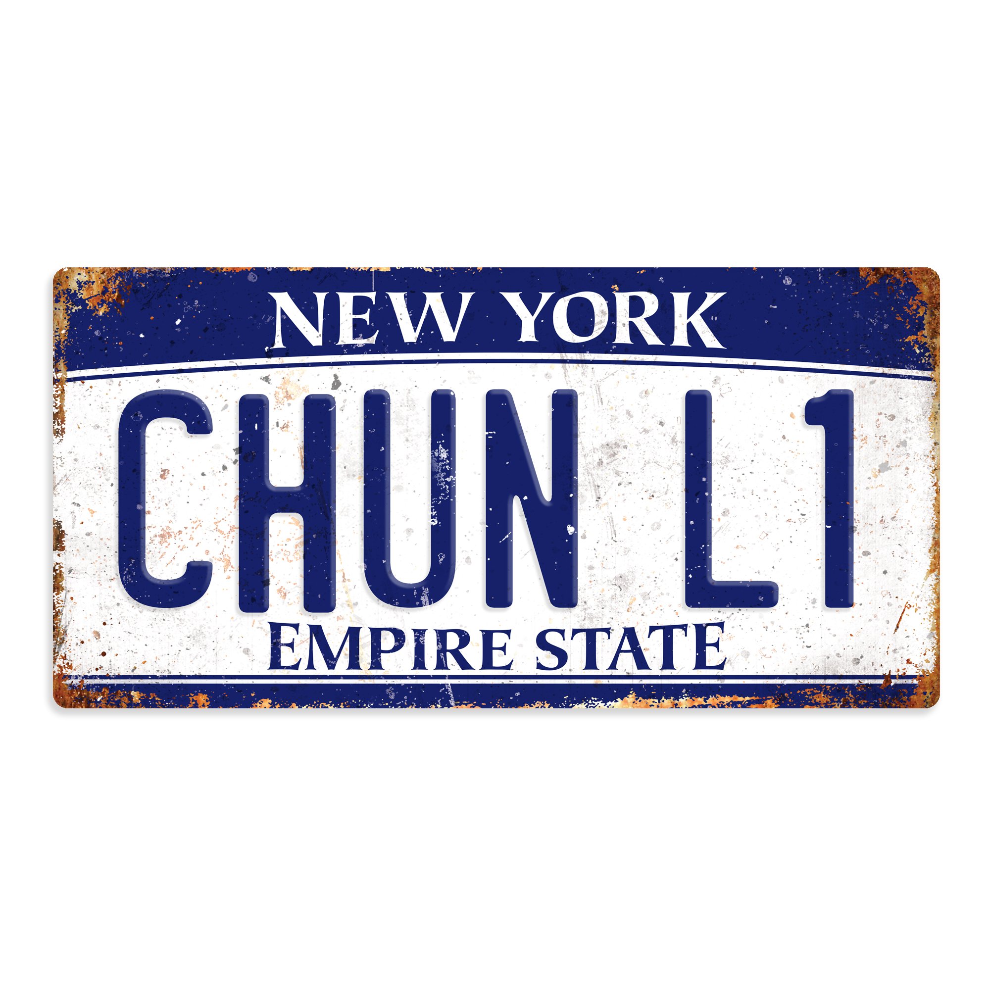 WTF | Chun Li American Number Plate – Empire State | White/Blue - Metal Wall Sign Plaque Custom Name