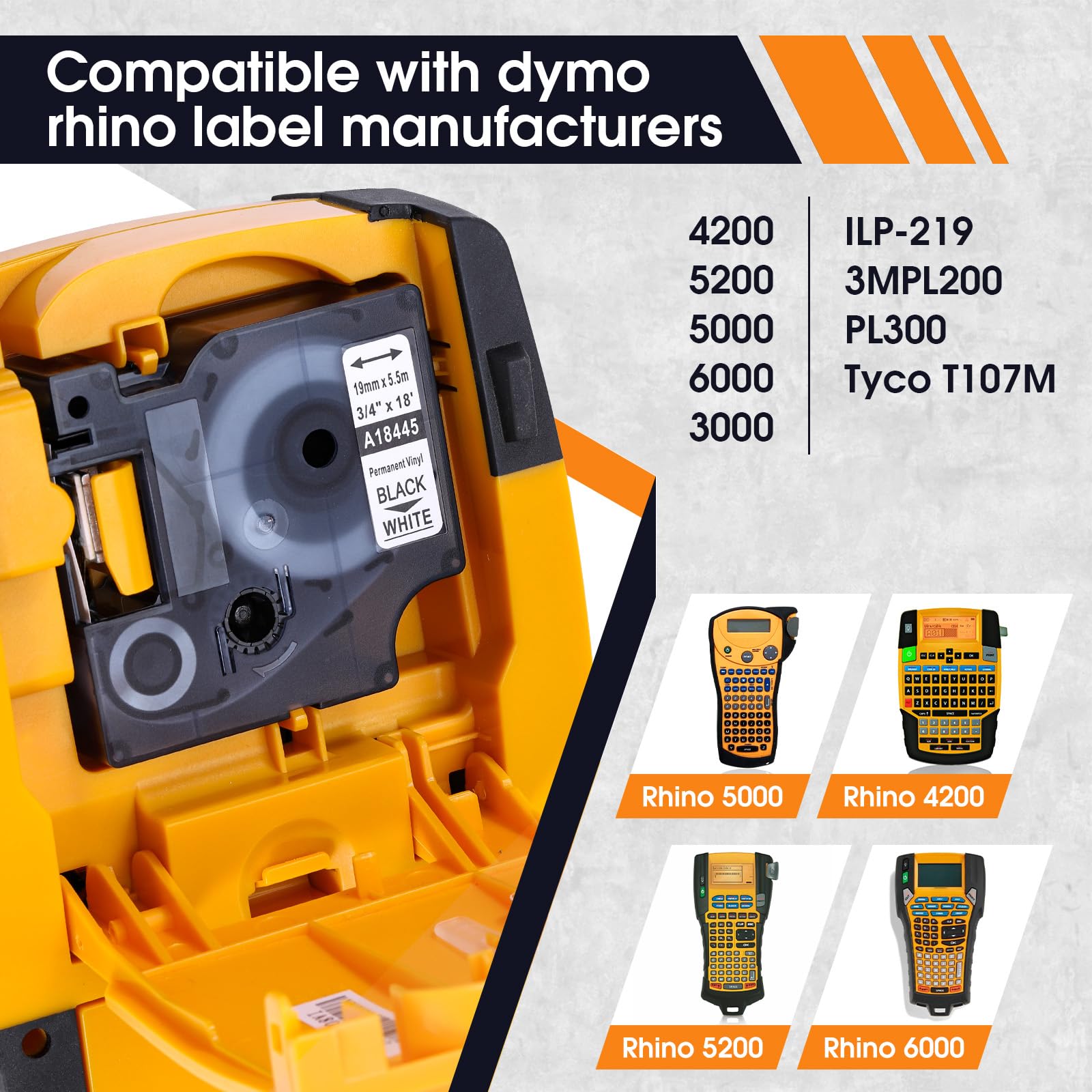 Replace for Dymo Rhino 4200 5200 Labels 18445 Permanent Polyester Refills 3/4 Inch Industrial Rhino Labels Permanent Vinyl Tape A18445 Compatible with Dymo Rhino 5000 6000 Label Maker Refills, 3 Pack - 3