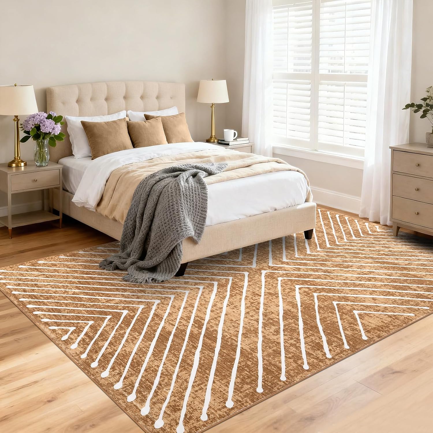 Tappeto Salotto Grandi 160 x 230 cm Tappeto Corridoio Antiscivolo Morbido Pelo Corto Tappeti per cucina Pranzo Soggiorno Camera da Letto Modern Geometric Camel White