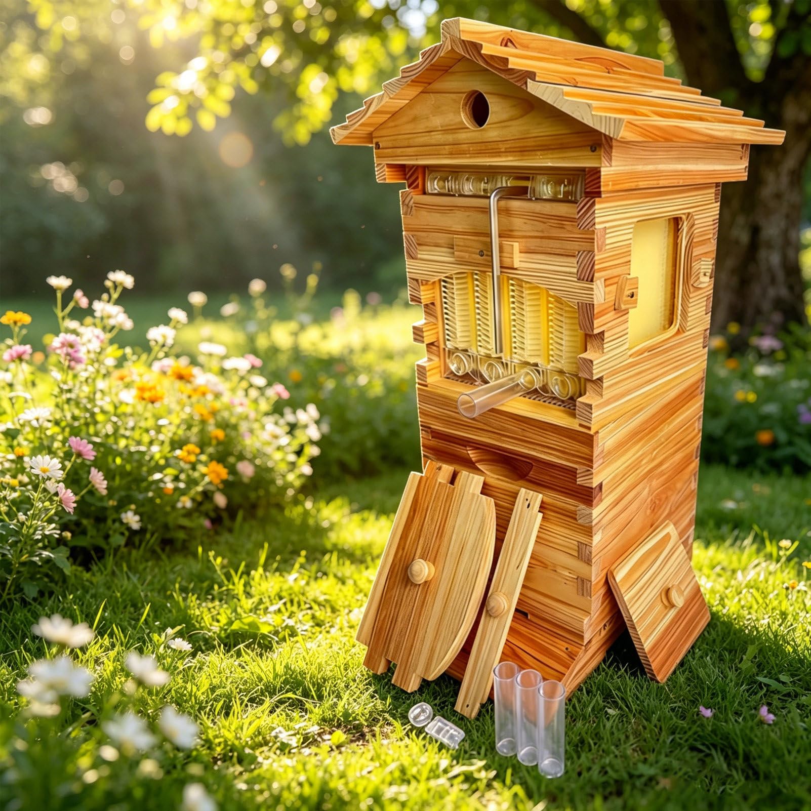 Drewniany Ul Typu Flow Hive, Zestaw Startowy Dla Pszczelarza, Zawiera 4 Ramki Pszczele I 6 Tacek Na Plastry Miodu, Do Pszczelarstwa, Naturalny Kolor Drewna, MałY