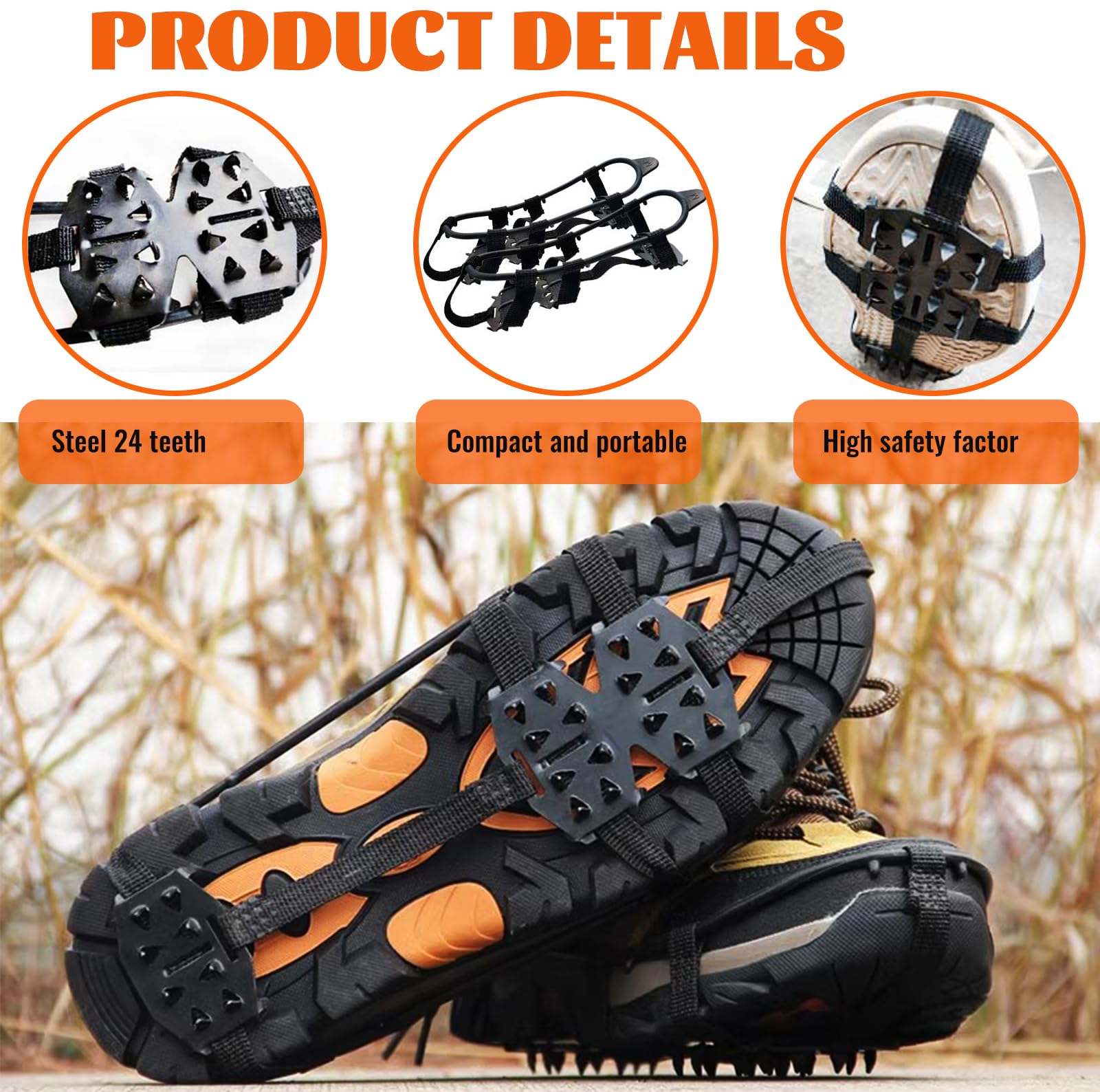 Crampons antidérapants pour chaussures de randonnée, lot de 2 paires, noir, taille L