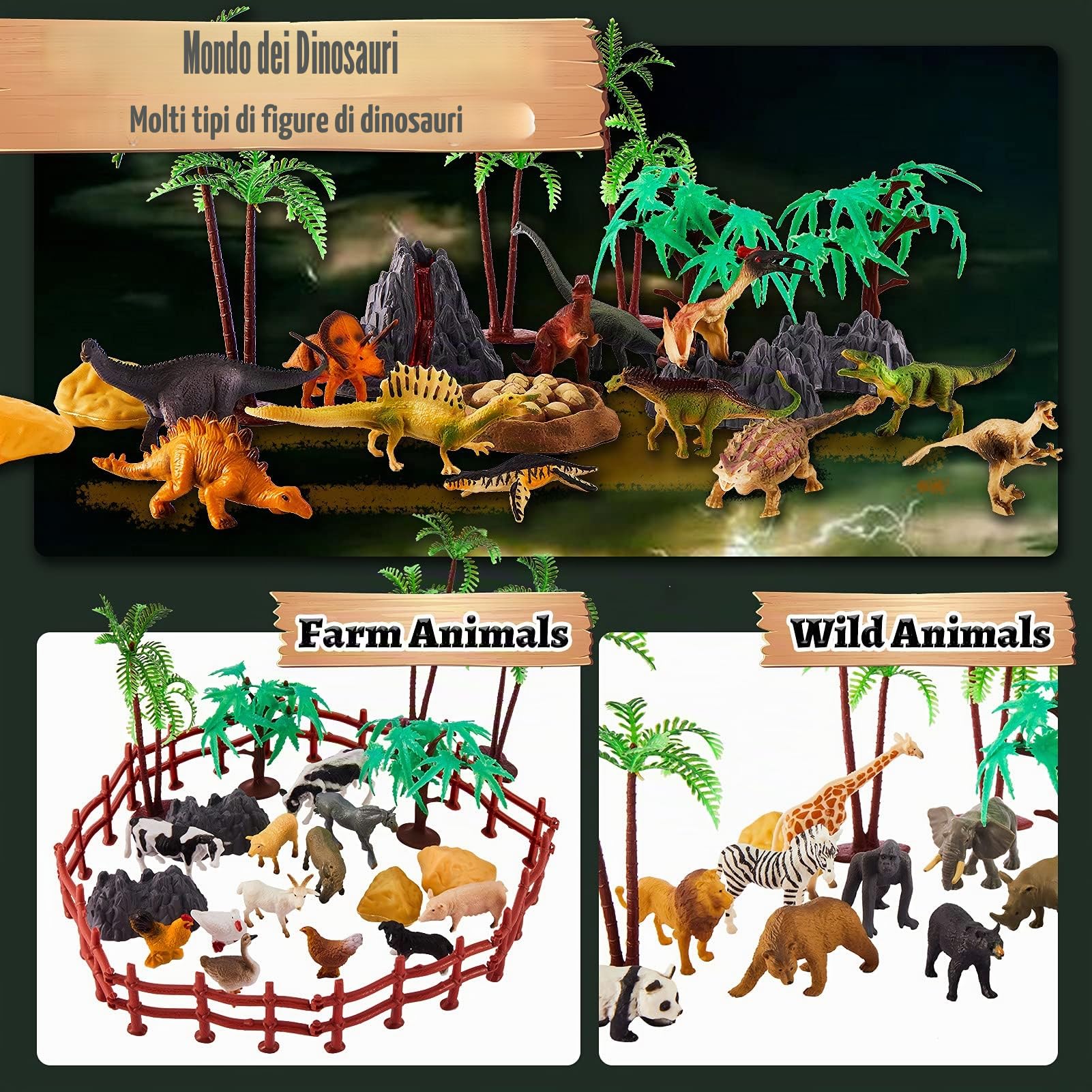 TOEY PLAY 3 in 1 Animali Giocattolo per Bambini, Animali Fattoria, Dinosauro Giocattolo, Animali Della Giungla, Giochi Bambini 3 4 5 6 Anni, 56 Pezzi, Mini Animali Realistici con Valigia