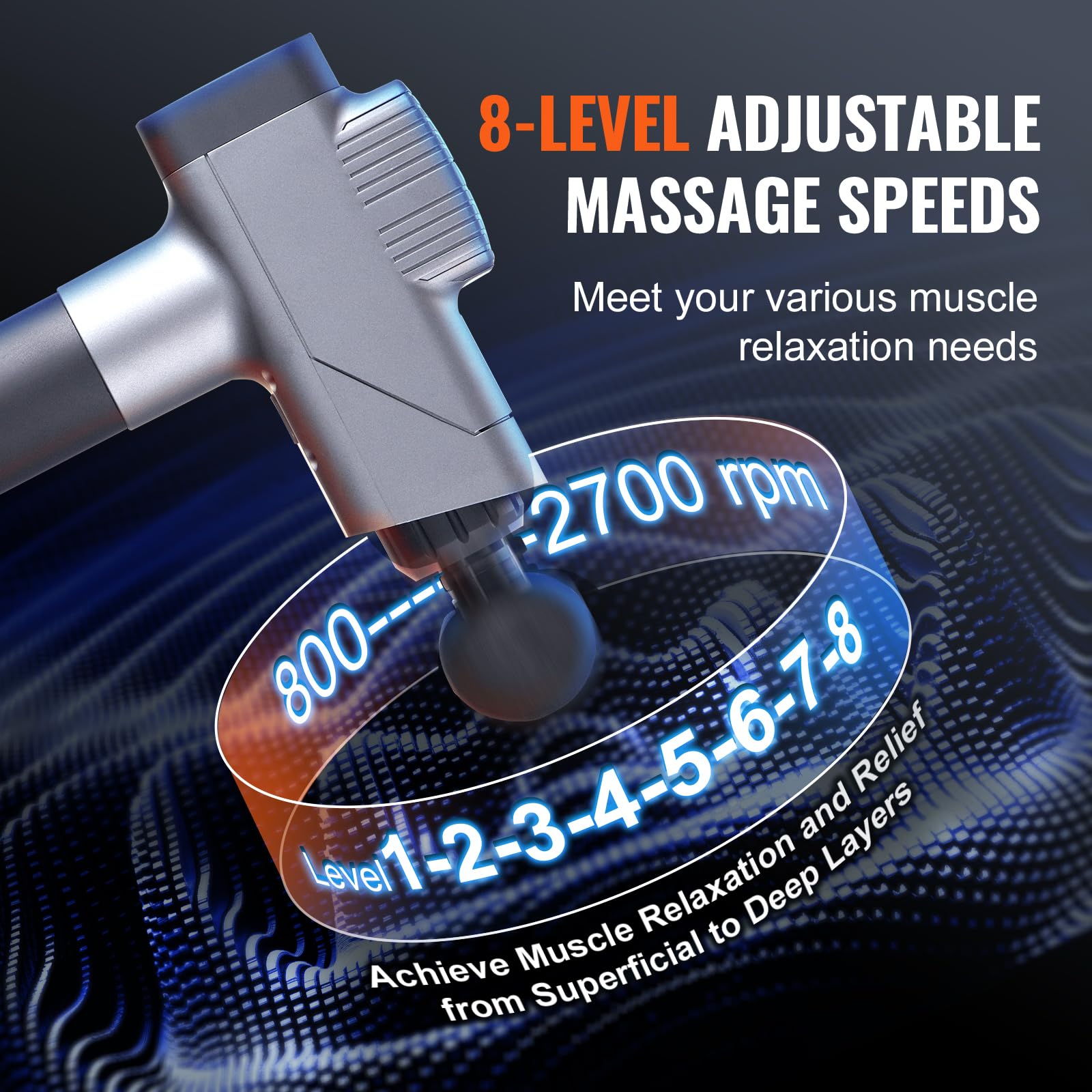 VEVOR Pistolet de massage musculaire, 8 vitesses, appareil de massage tissus profonds à percussion pour athlètes, masseur de muscles 6 têtes portatif pour soulager douleur, relaxation musculaire, 16 V