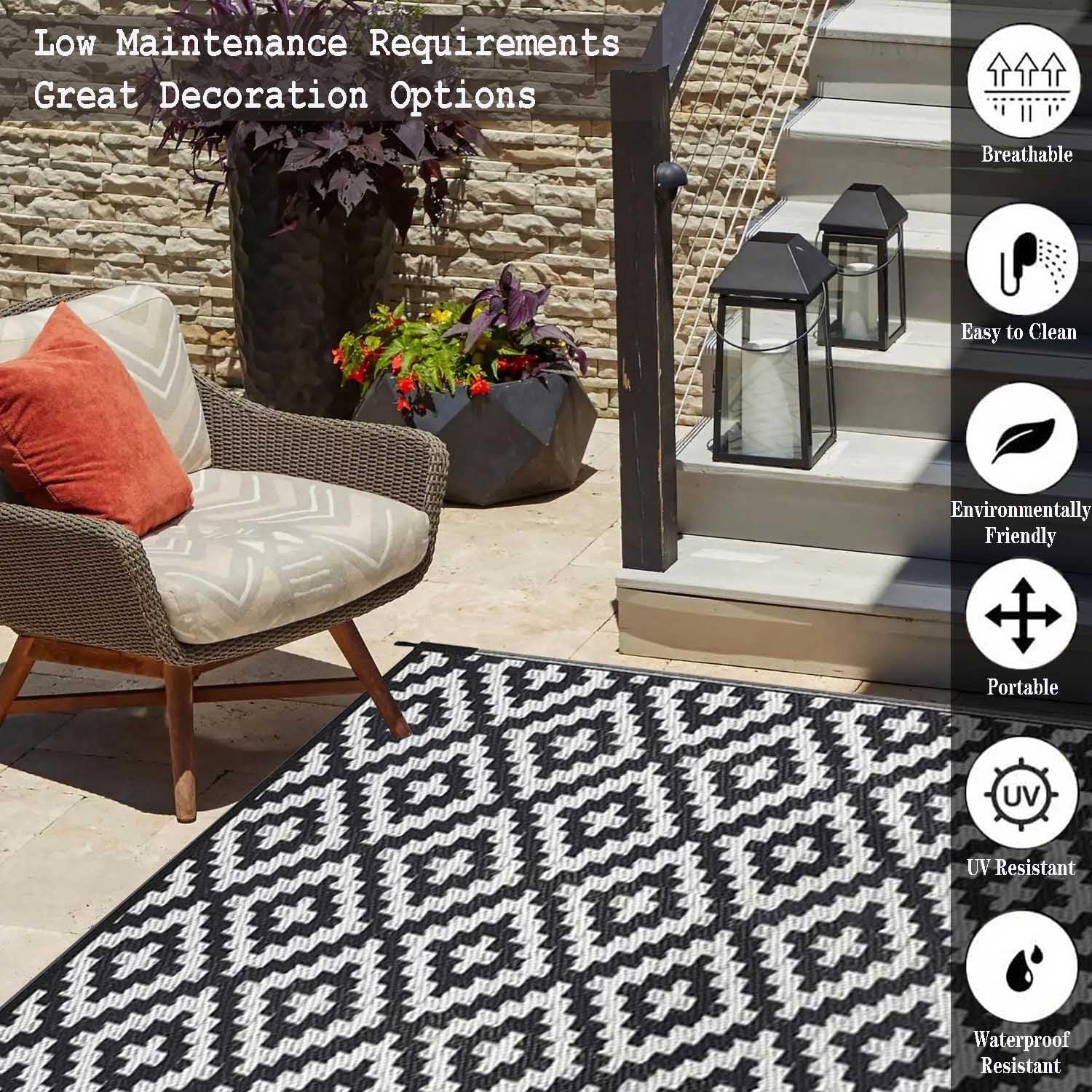 Tapis Terrasse d'extérieur Imperméable Grand Noir et Blanc,Tapis Exterieur Tissage,Tapis de Jardin Pliable Réversible Tapis de Exterieur pour Patio,Porche, Balcon,4x6ft/120x180cm
