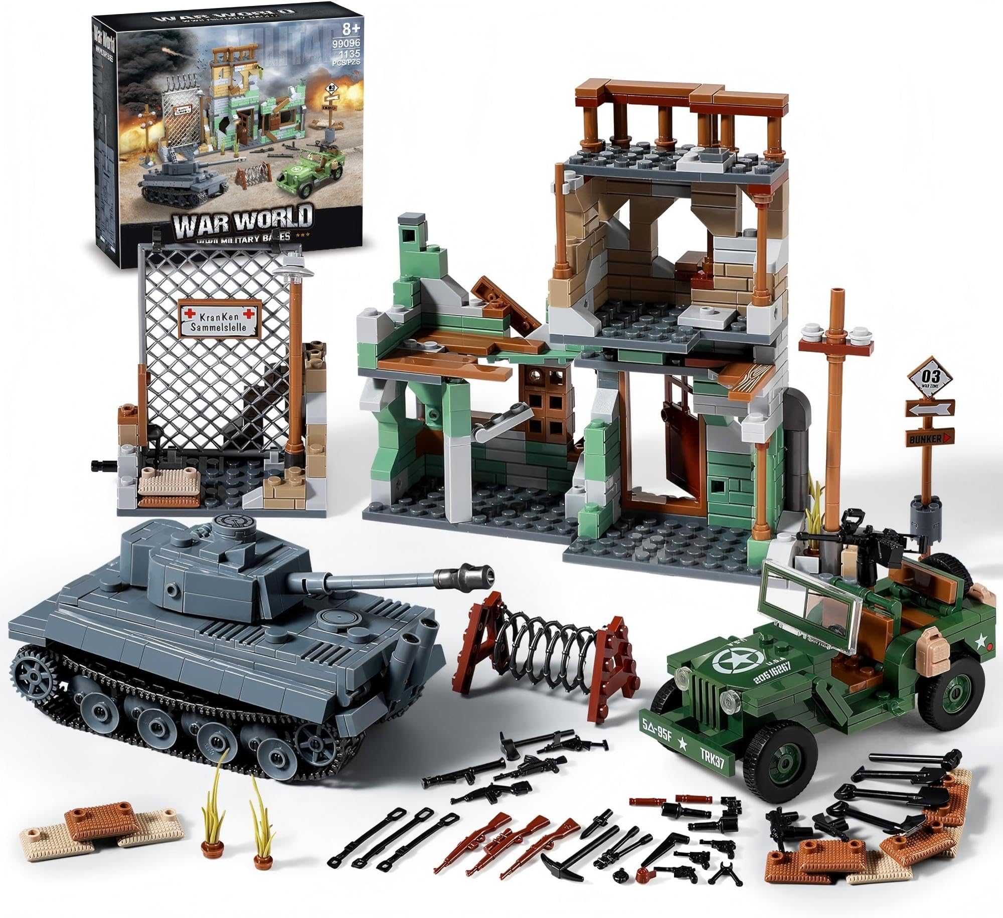 WW2 Military Base Building Set Compatible with Lego, Historical Army Toys Model Kit, Includes German Tiger I Tank, US Willys MB Vehicle & Bombed House, Gift Idea for Kids, Teens & Adults