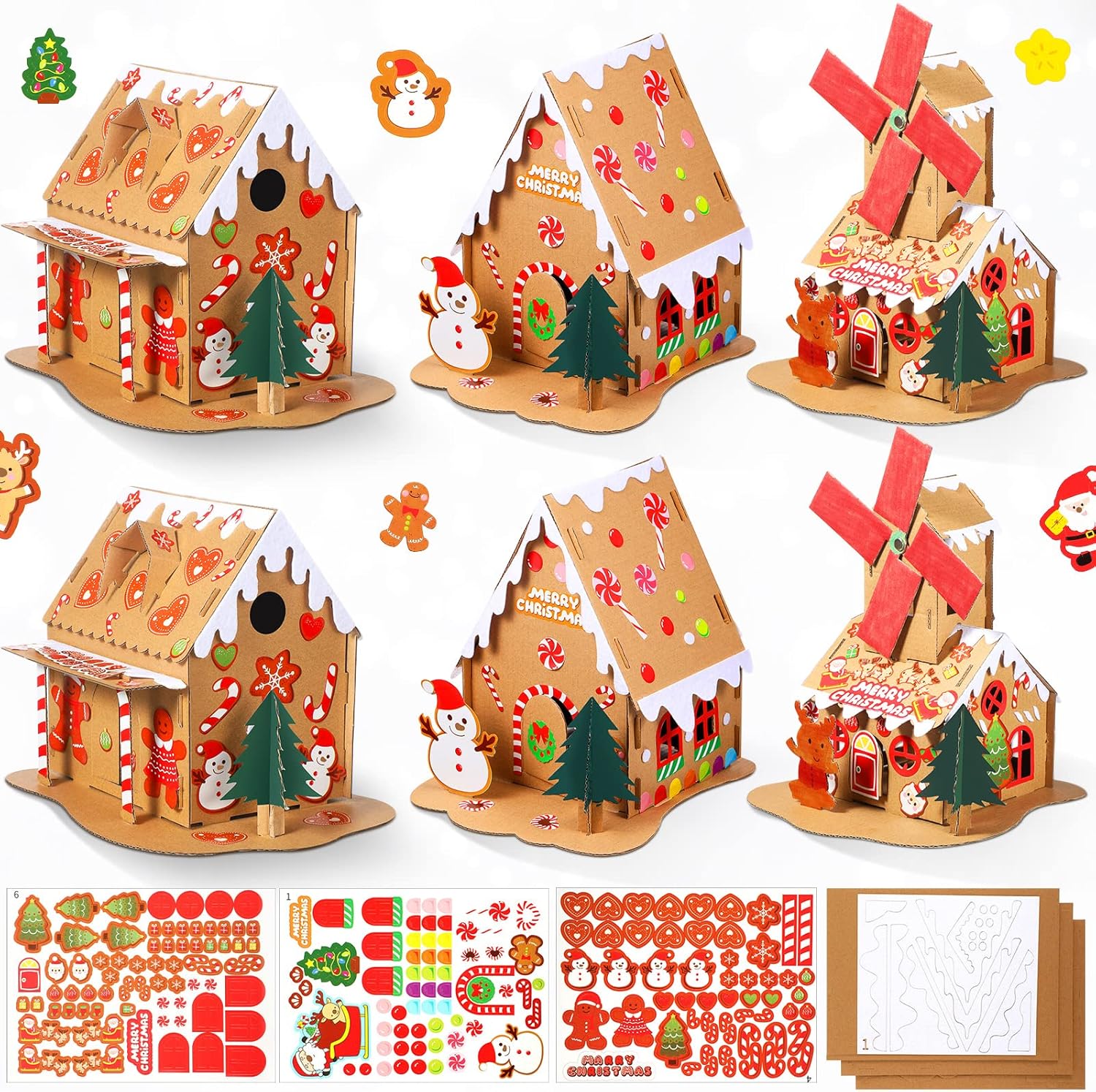 6 Sets Mini Christmas Gingerbread House Kit - Make-a-Gingerbread House Craft for Kids - Boy Girl Christmas Party Game - Classic Style