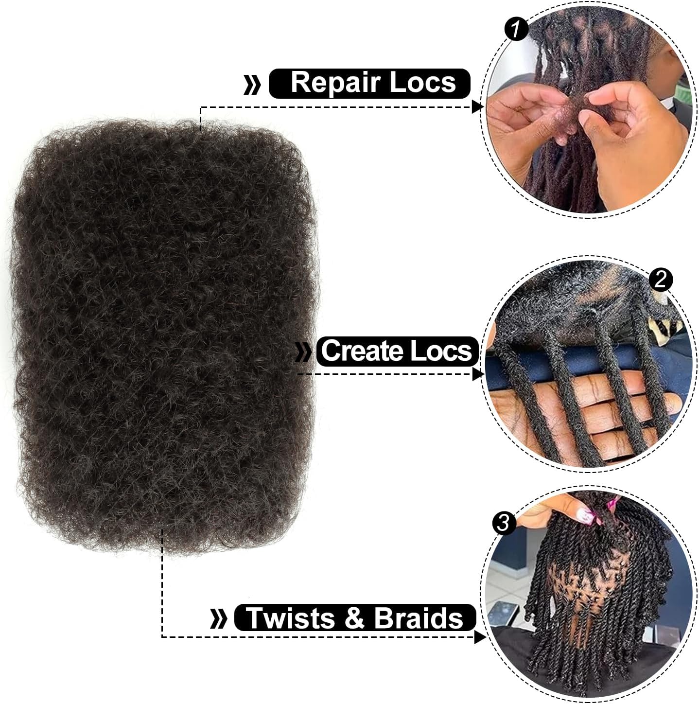 アフロキンキーバルク人毛 16インチ 30g/パック 4パック ドレッドロック編みツイストロクエクステンション用 &ndash; ナチュラルブラ