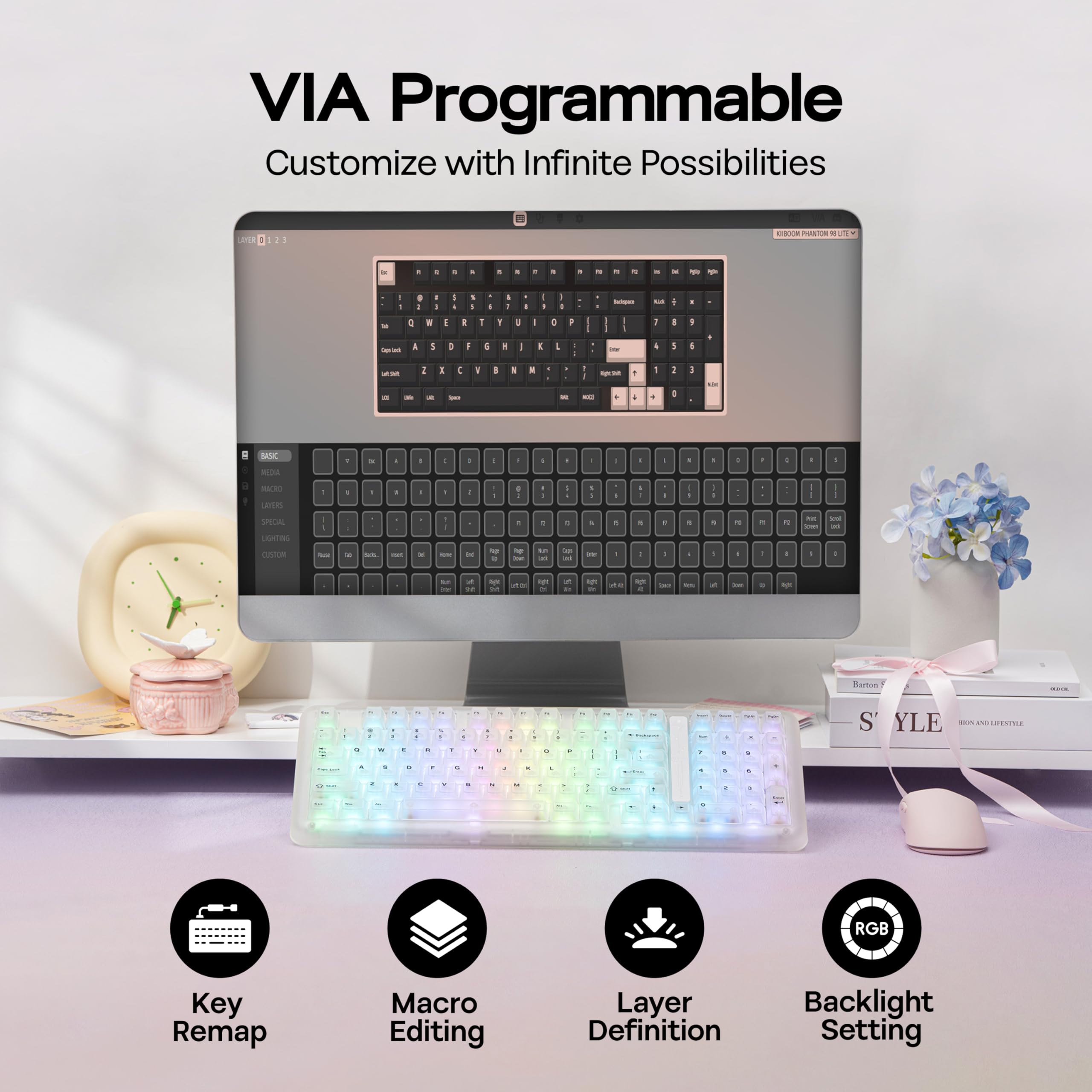 KiiBoom Phantom98 Lite 96% Tastiera Meccanica Senza Fili da Gioco Programmabile VIA Tastiera Cremosa con Guarnizione, Batteria 8000mAh, Hot Swap, Retroilluminazione RGB, NKRO per Win/Mac (Trasparente