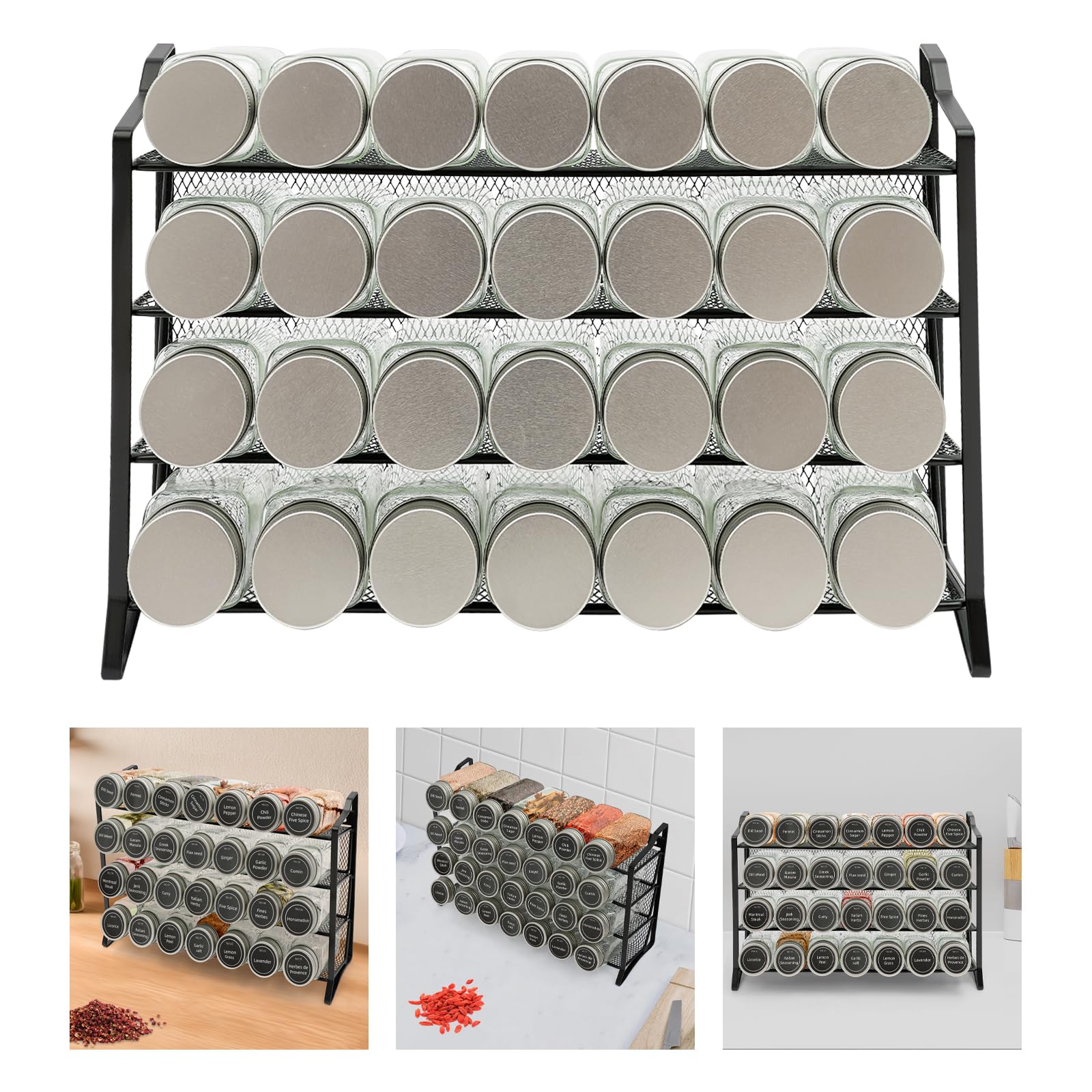 Portaspezie a 4 ripiani con 28 barattoli vuoti in vetro e 180 etichette per spezie, per cucina, armadio, dispensa, armadio, 34,5 x 10 x 23,5 cm, nero