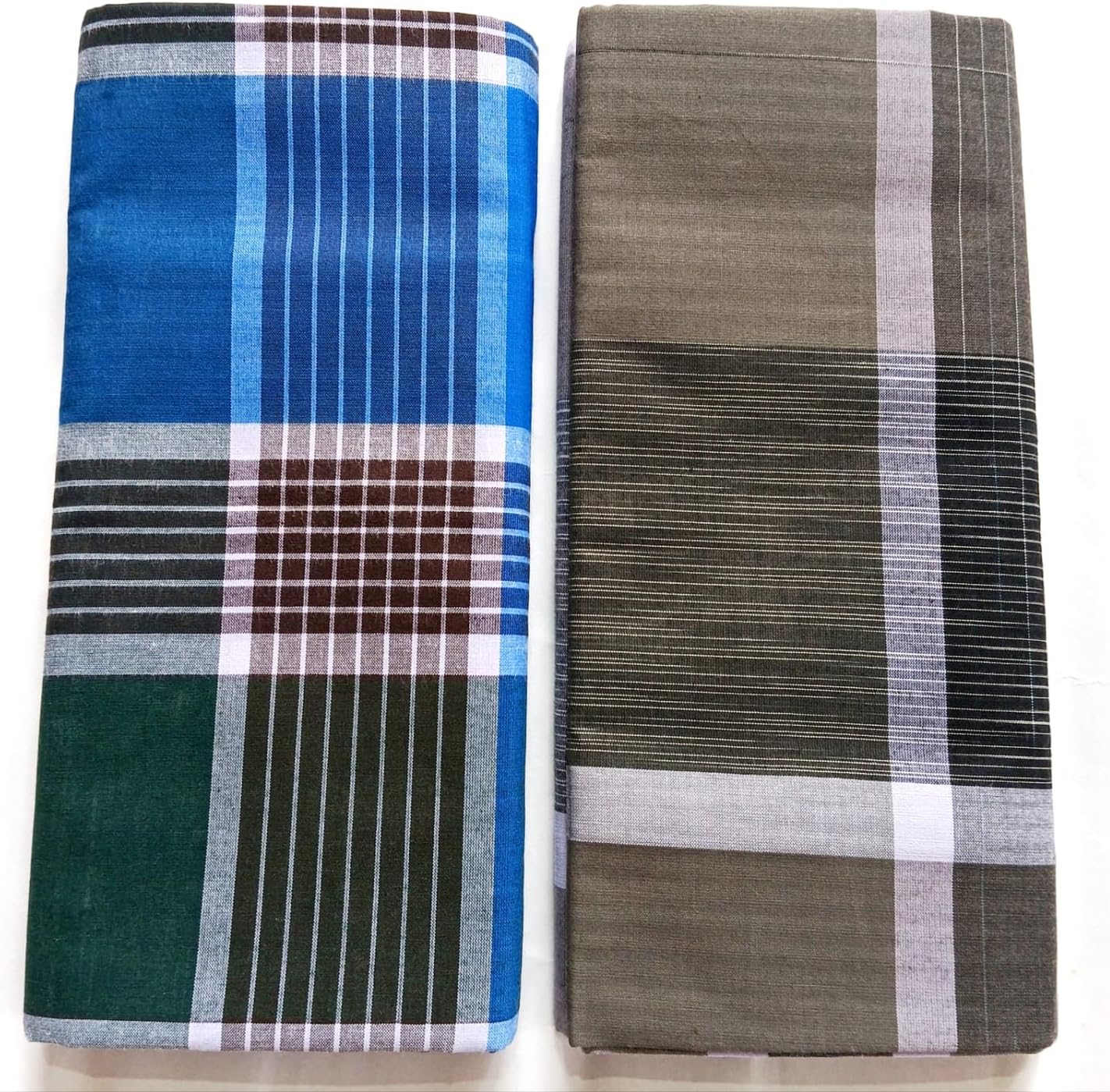 Premium Cotton Stitched Lungi, Traditional Chennai Handloom, 2.10 Meters, Blue and Purple Stripes, Pack of 2
