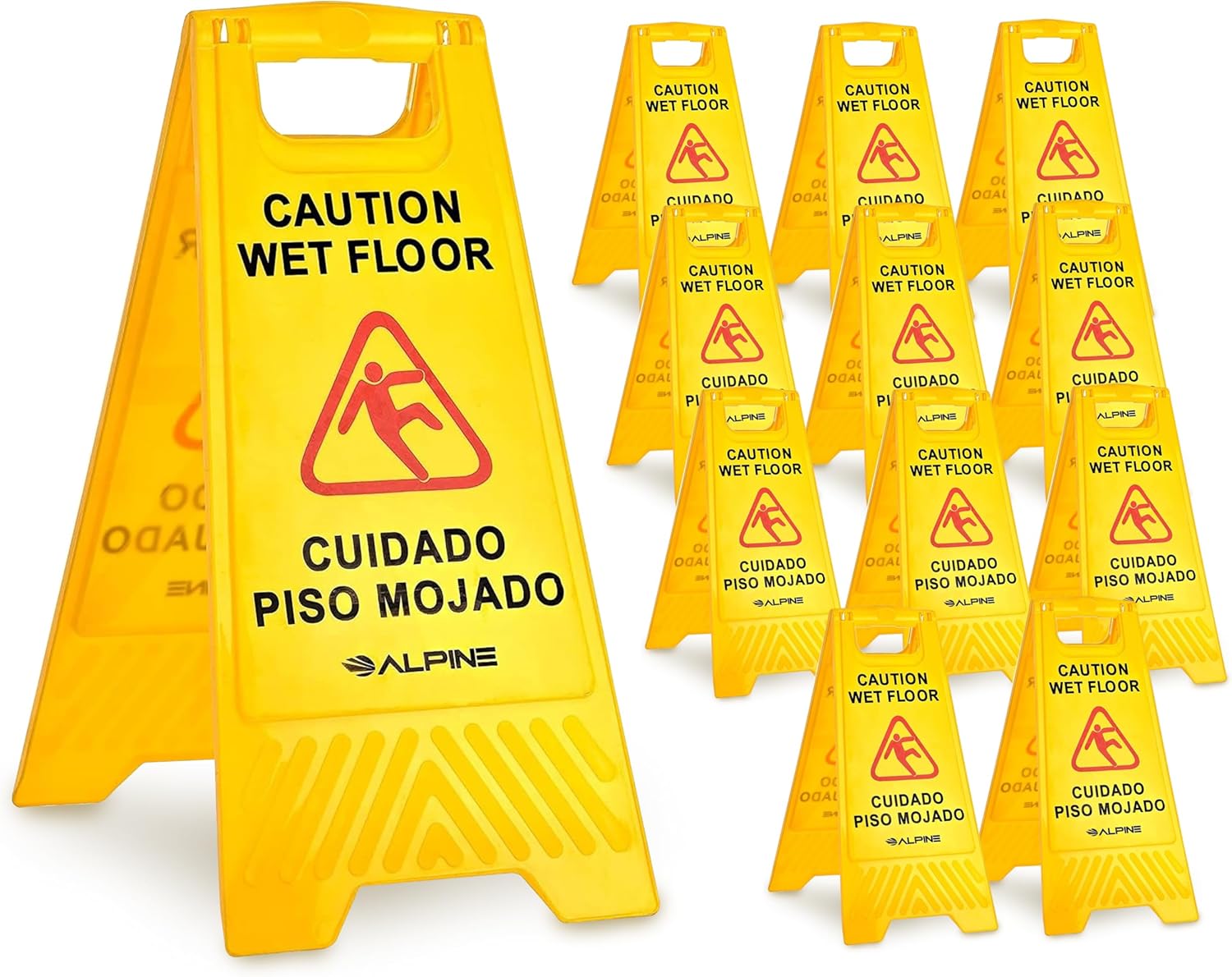 Alpine Caution Wet Floor Signs 12 Pack - 24 Inch, High Visibility Yellow Slippery When Wet Sign - Bilingual Safety Warning to Easily Avoid Slippery Accidents in High Traffic Areas